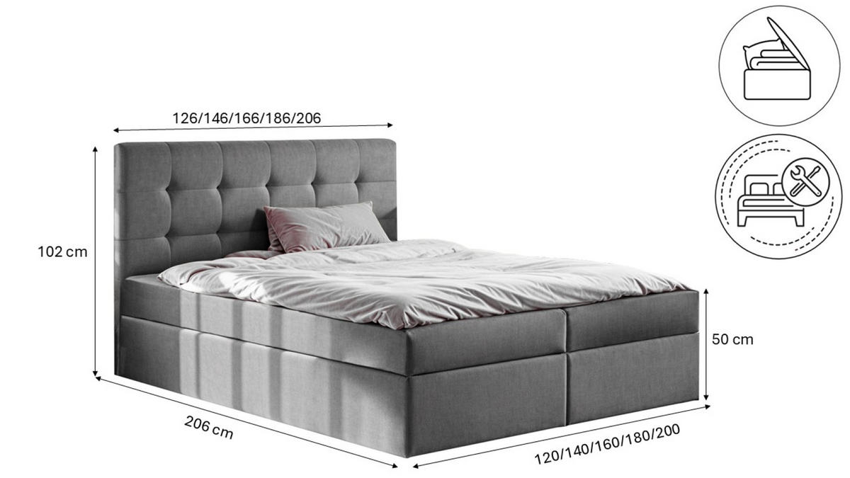 BOXBETT Mit Matratze Und Bettkasten LUDANO Stoff Noel Grau 140x200 cm H2-Pocket - Grau, Holz (140/200cm) - Kaiser Möbel
