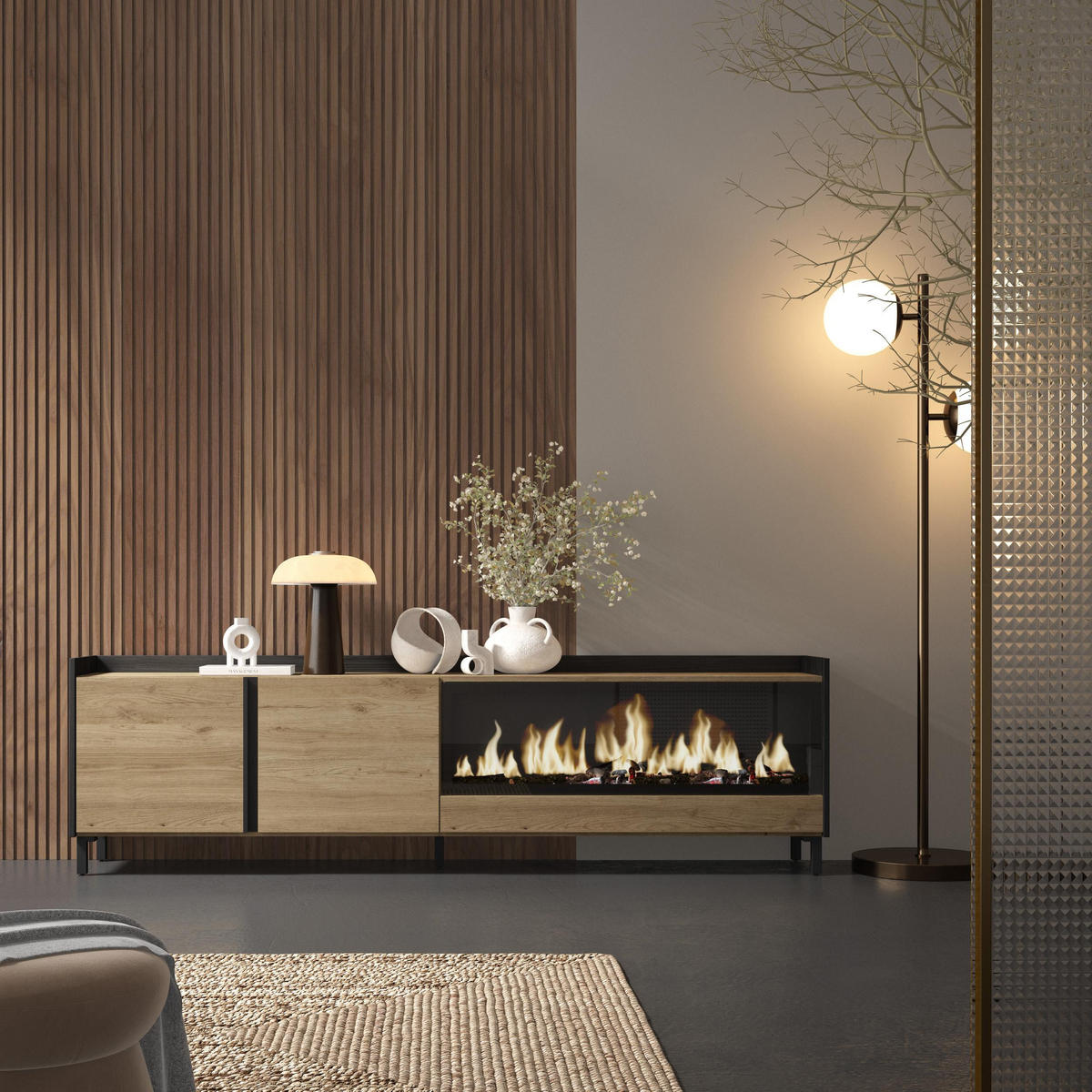 LOWBOARD, Eiche und Schwarz, 212/35/61cm, Kamin mit Feuereffekt XXL - Eichefarben, Holzwerkstoff (212/61/35cm) - Skraut Home