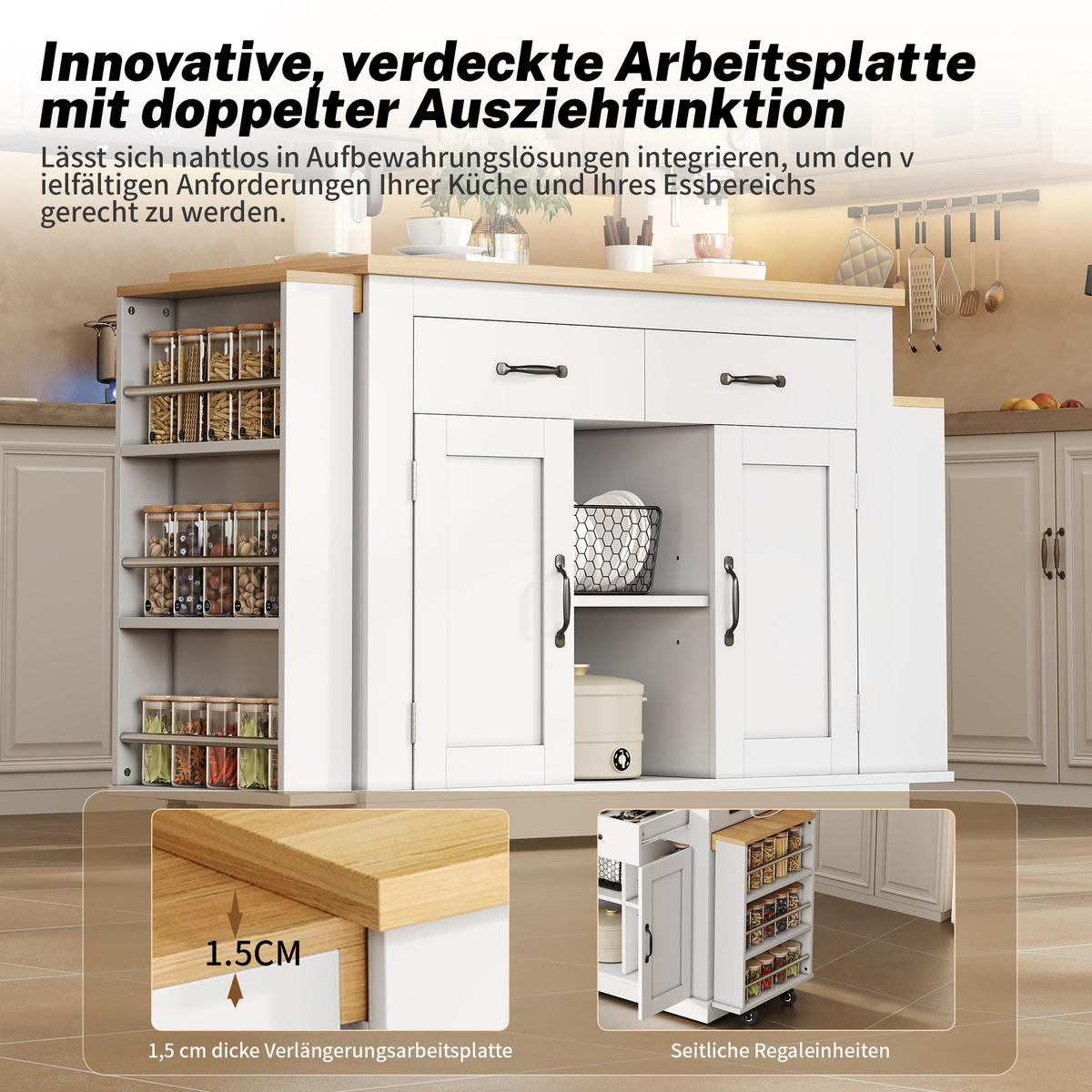 KÜCHENINSEL 133.5/60/93 cm Weiß mit 2 Schubladen, 2 ausziehbaren Arbeitsflächen und 2xUSB-Anschlüsse - Weiß, Holz/Holzwerkstoff (142/93/55cm) - Oxeza