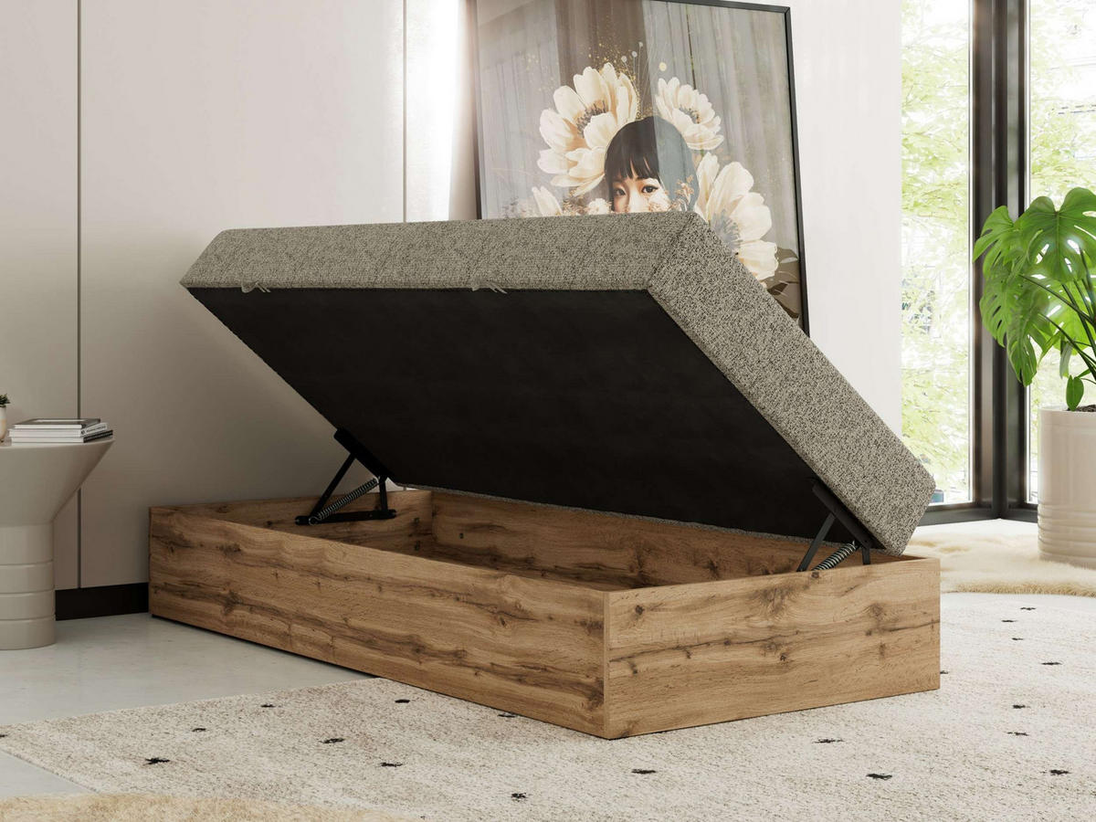 BOXBETT WOOD ZERO 90/200 - Dunkelbeige Struktur - H4 - Topper Visco - Cappuccino, Textil (90/200cm) - MKS