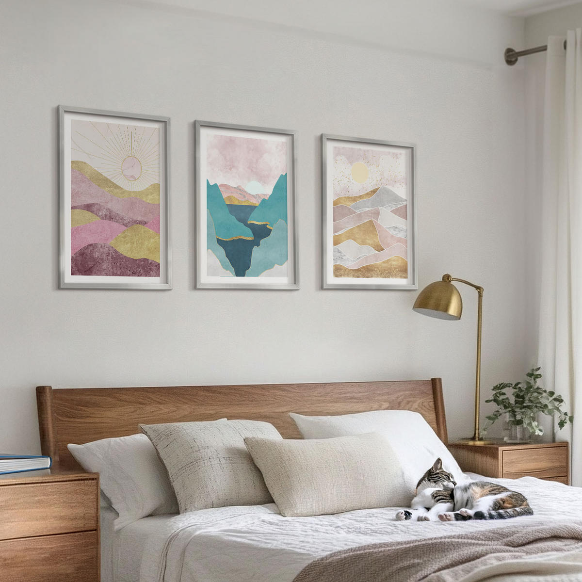 WANDBILDER 3er Set - 40x60 cm Silberner Rahmen - Abstrakte Berge Sonne - Silberfarben, Kunststoff (40/60cm) - ArtPrintCave