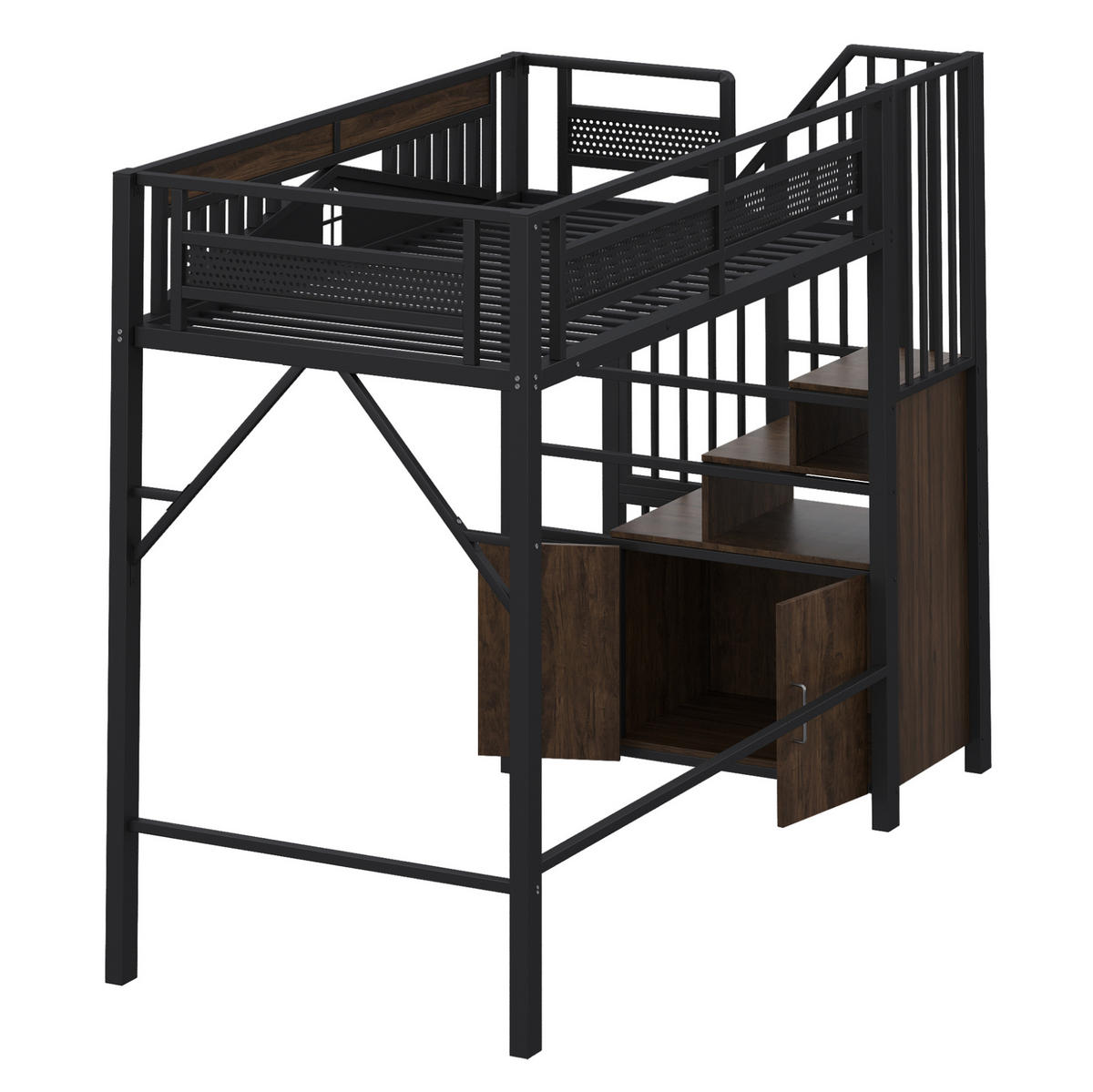 HOCHBETT aus Metall und Holz 90x200 cm Schwarz mit Stauraumtreppe, Schrank und Sicherheitszaun mit Fenster - Schwarz, Metall (90/200cm) - Modfu