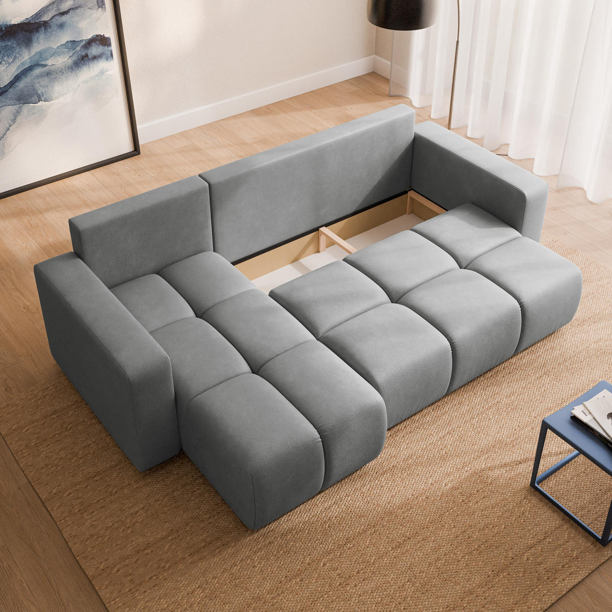 ECKSOFA RAMIL Hellgrau Plüsch-Stoff mit Schlaffunktion - Hellgrau, Holz (240/149cm) - MASSENO
