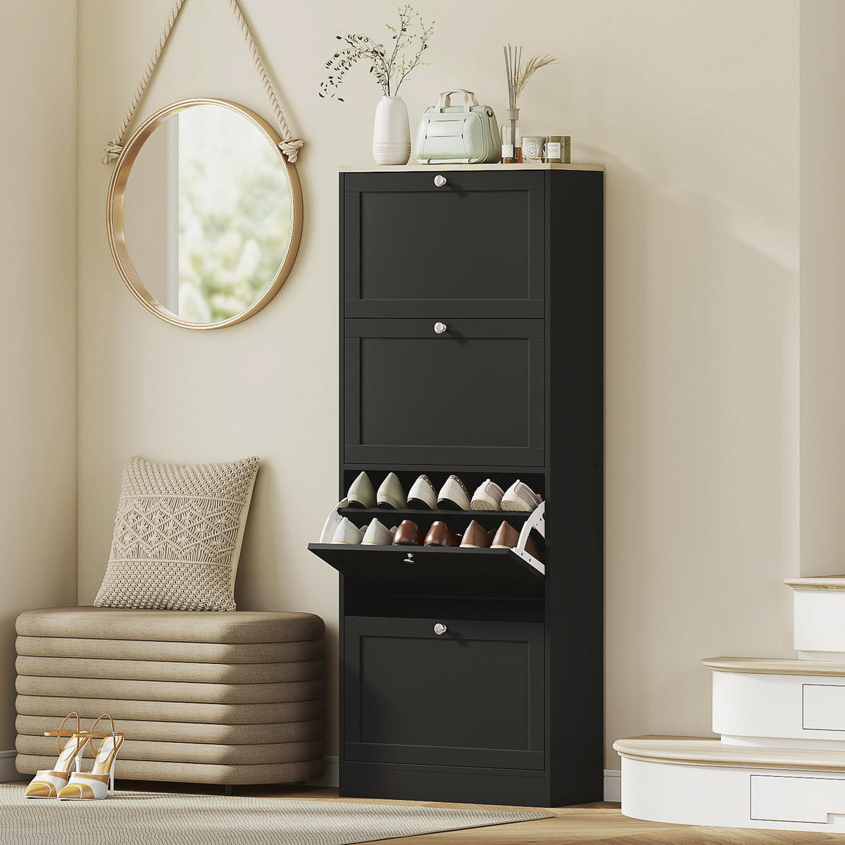 SCHUHSCHRANK Schwarz Holzwerkstoff mit 4 Klappen platzsparend 1 Stück - Schwarz, Holzwerkstoff (60/153.3/23.5cm) - PANGIVO