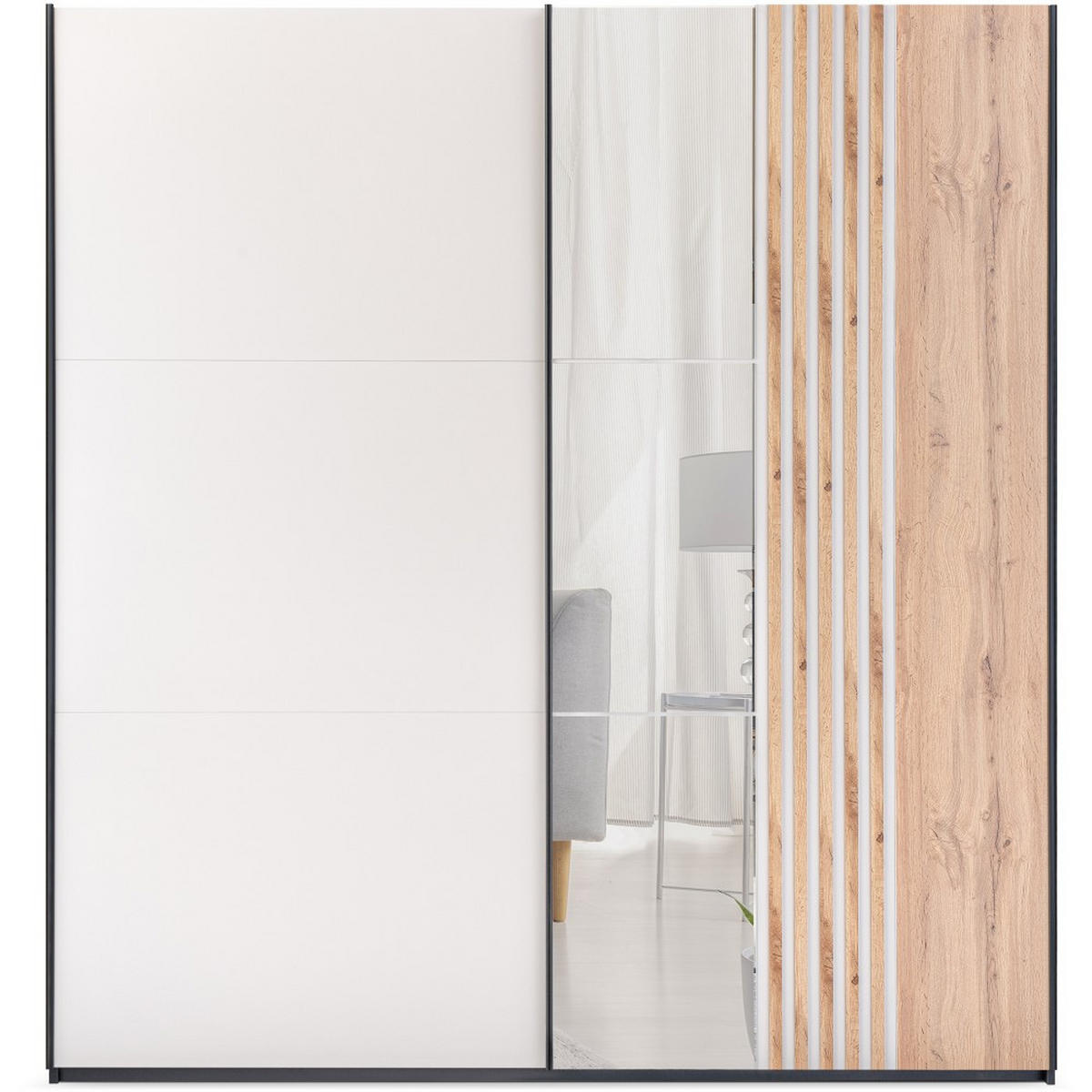 SCHWEBETÜRENSCHRANK Evia mit 2 Türen und Spiegel, 203 cm - Eiche Wotan/Schwarz, Holzwerkstoff (203/215/65cm) - Beautysofa