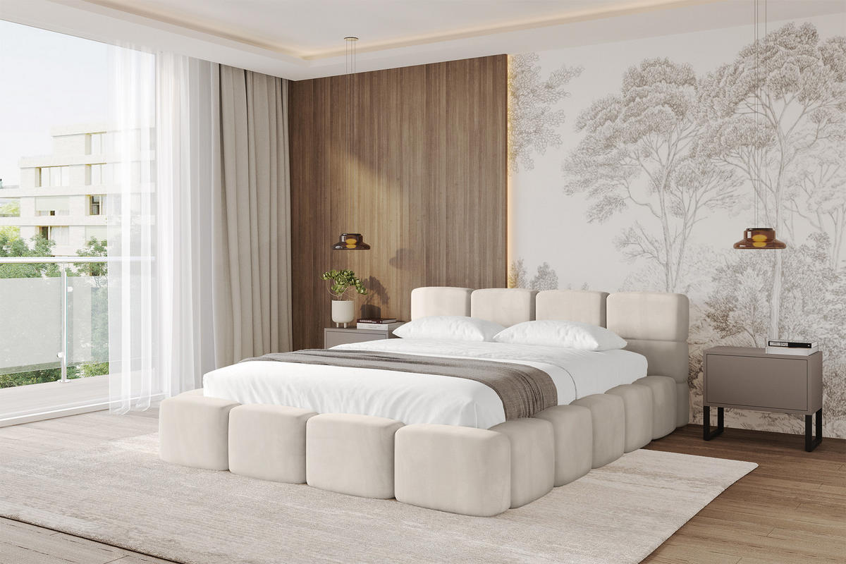 POLSTERBETT mit Bettkasten und Lattenrost, Bett mit Matratze H3/H4, Kopfteil, Boxbett, Doppelbett mit Stauraum - NATA-v1 200x200 Beige - Beige, Holzwerkstoff/Textil (200/200cm) - ALTDECOR