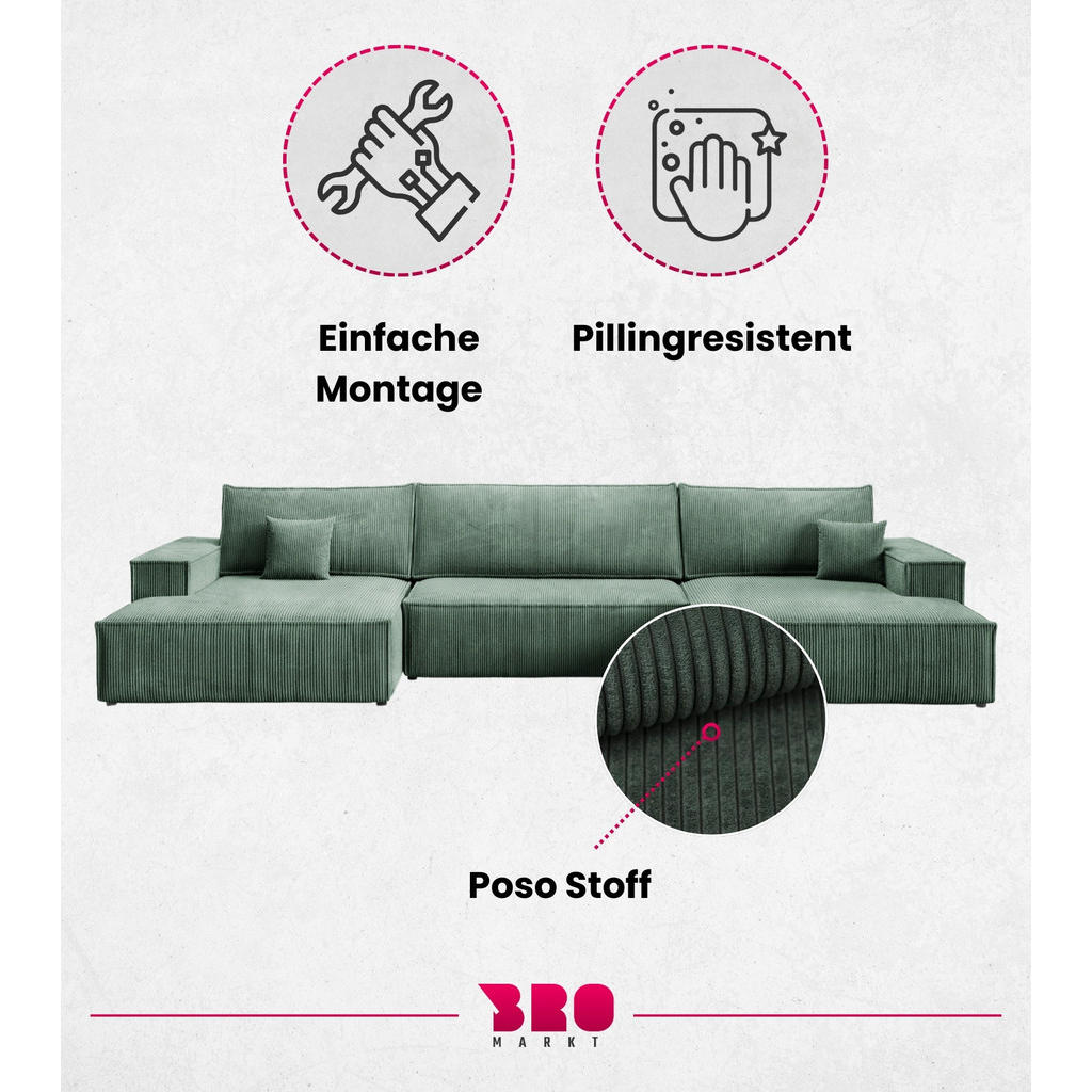 Thumbnail - Bromarkt Wohnlandschaft, Grün, Textil, 3-Sitzer, Ottomane rechts, U-Form, 397x85x148 cm, Wohnzimmer, Sofas & Couches, Wo...