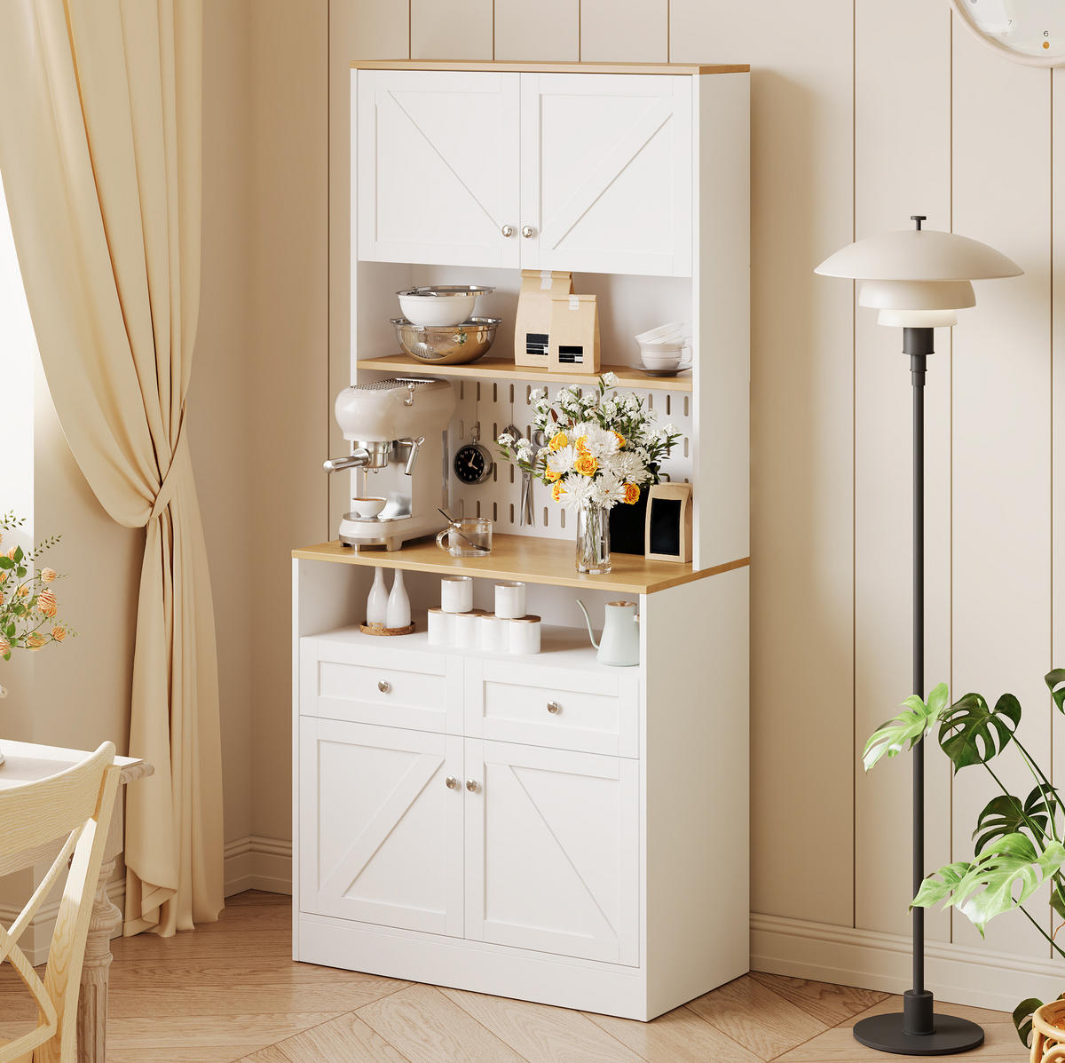 SIDEBOARD 80/40/175 cm in Weiß/Natur mit Scheunentüren und Lochwand - Weiß, Holzwerkstoff (80/175/40cm) - Flora Grace