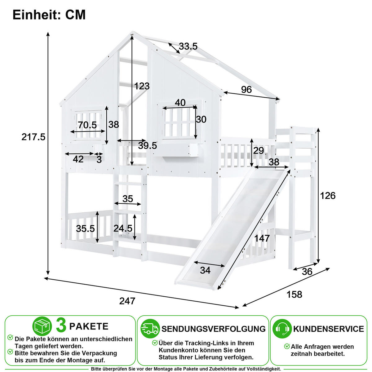 ETAGENBETT 90/200 cm in Weiß & Natur mit Rutsche, Dach und Fenster - Weiß/Naturfarben, Holz/Holzwerkstoff (90/200cm) - CHICFURN