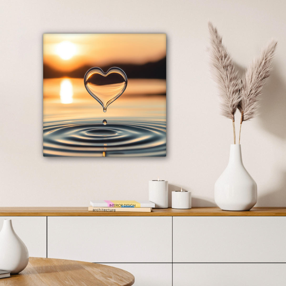 LEINWANDBILD - Herz - Wasser - Sonnenuntergang - Natur - Zen - 50x50 - Room Decor - Bernsteinfarben, Textil (50/50cm) - MuchoWow