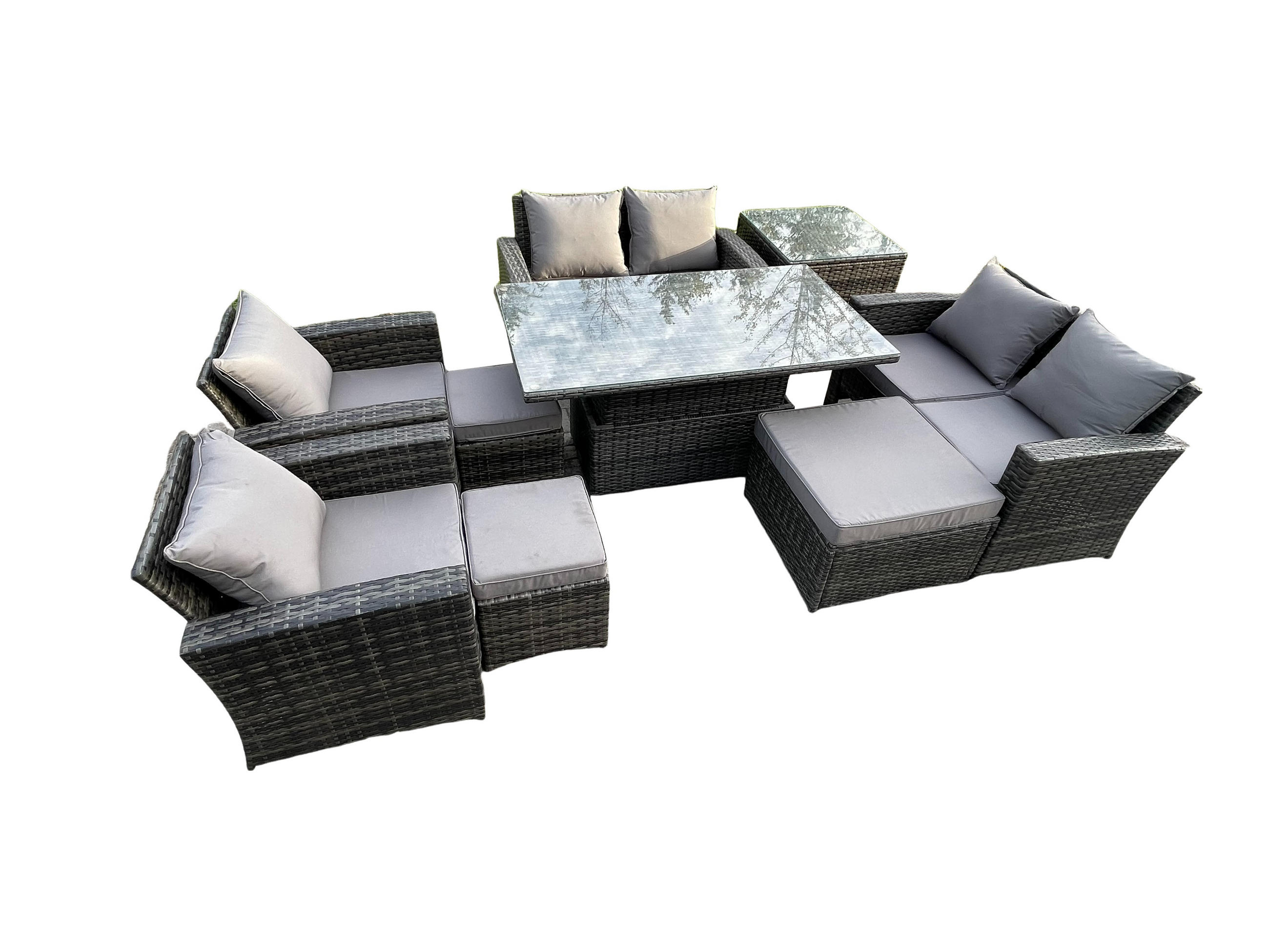 GARTENMÖBEL SET mit höhenverstellbarer Tisch Polyrattan Dunkelgrau 9-Sitzer - Dunkelgrau, Metall - Fimous