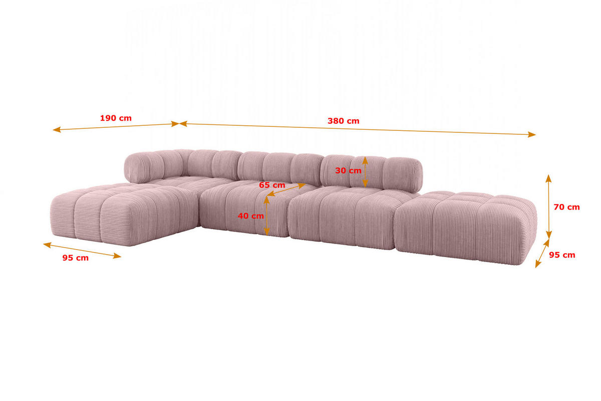ECKSOFA modulares Sofa Kerru-L2 - 380x190x70 cm Rosa Cord - Rosa, Holzwerkstoff/Textil (380/190cm) - ALTDECOR
