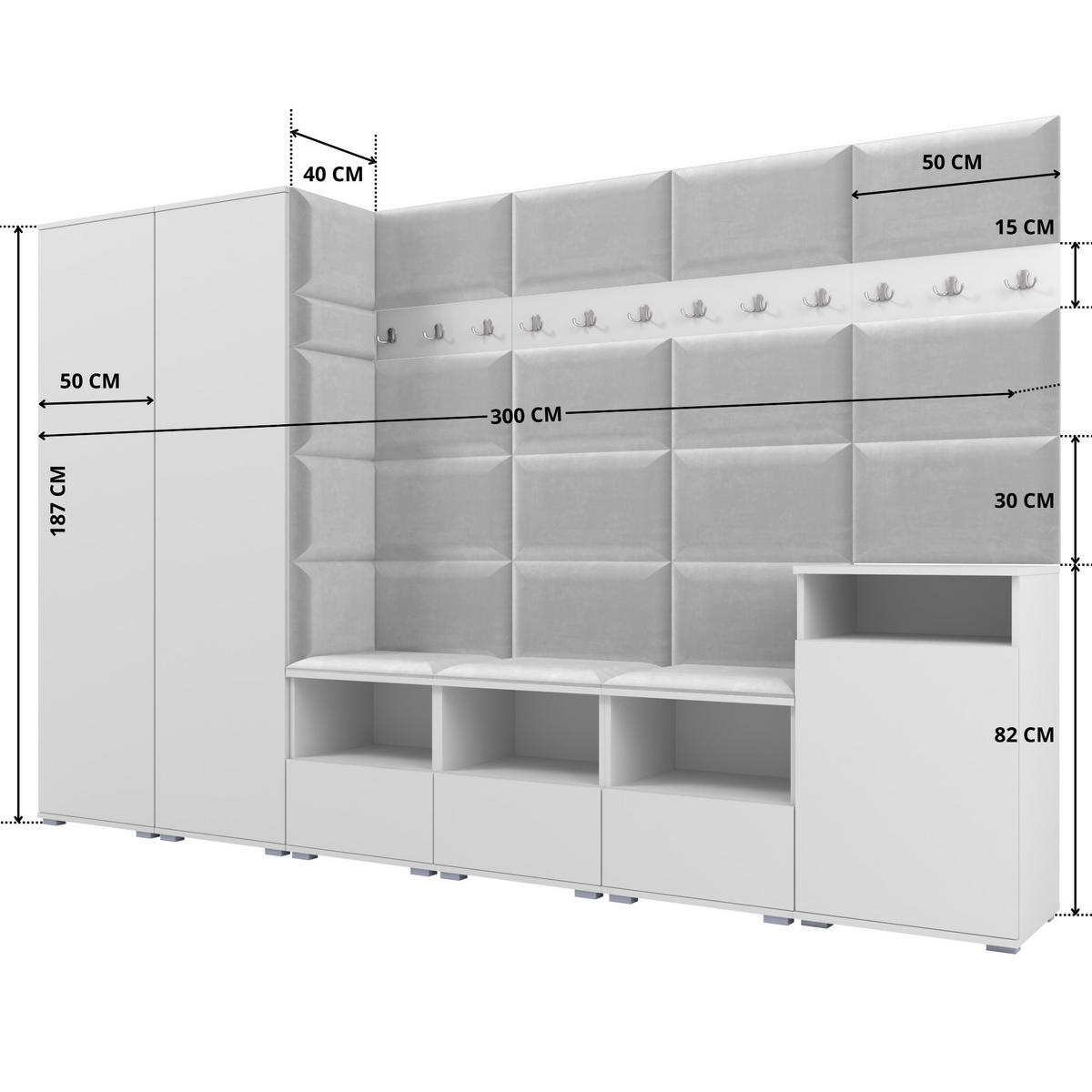 GARDEROBE NELA XII 300 cm (Modulare Flurmöbel Weiß mit Sitzpolster Hellgrau 32 Gigantisches Set) - Silberfarben/Hellgrau, Holz/Holzwerkstoff (300/187/40cm) - Ravio