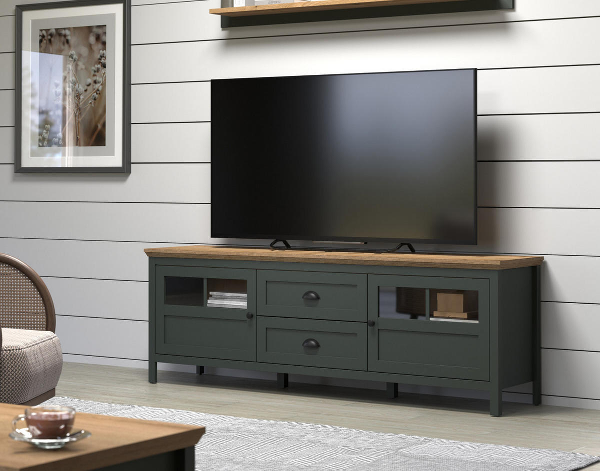 TV-LOWBOARD grün, Evoke Eiche Landhaus 184 x 64 cm, TV Unterteil inklusive LED Beleuchtung - Eichefarben/Schwarz, Holzwerkstoff/Kunststoff (184/64/45cm) - Top.Furn