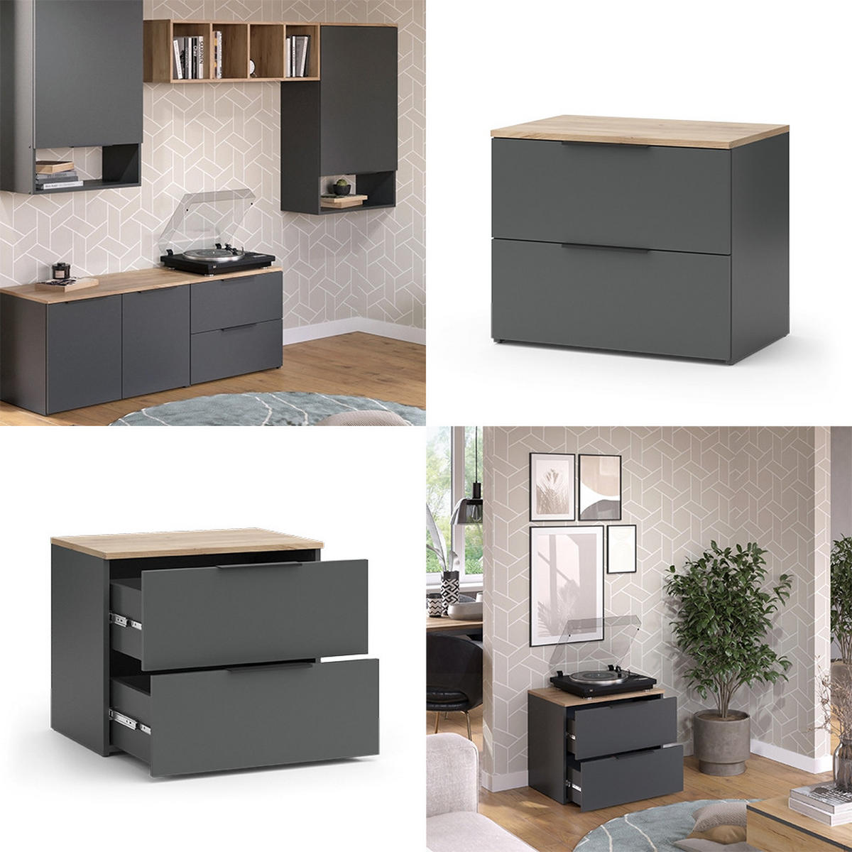 KOMMODE Wido Anthrazit 60 x 50 cm mit 2 Schubladen - Anthrazit/Sonoma Eiche, Holzwerkstoff (60/50/40cm) - Vicco