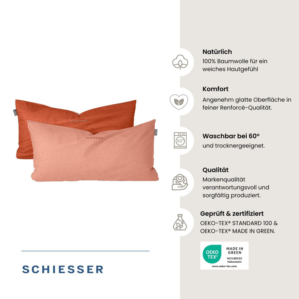 KISSENHÜLLENSET Doubleface Renforcé 2-teilig 40x80 cm Terrakotta - Terracotta, Textil (40/80cm) - SCHIESSER