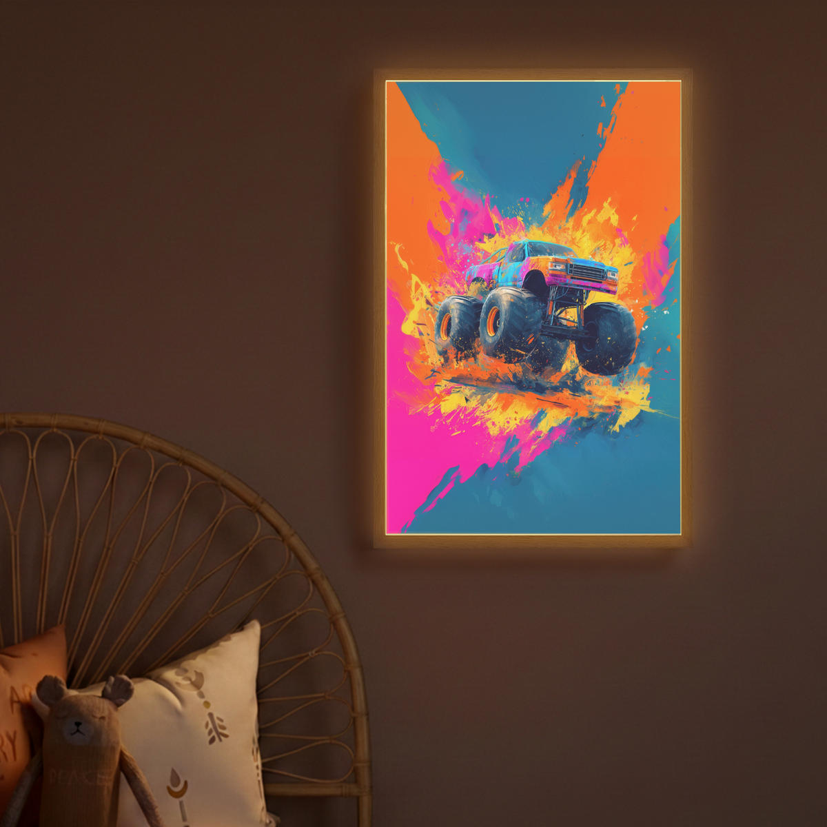 NÁSTĚNNÁ LAMPA S AKUMULÁTOREM Monster truck - Abstraktní - Stříkající barva - Barevné 40x60 cm - růžová, kompozitní dřevo (40/60/8cm) - OnlyWow