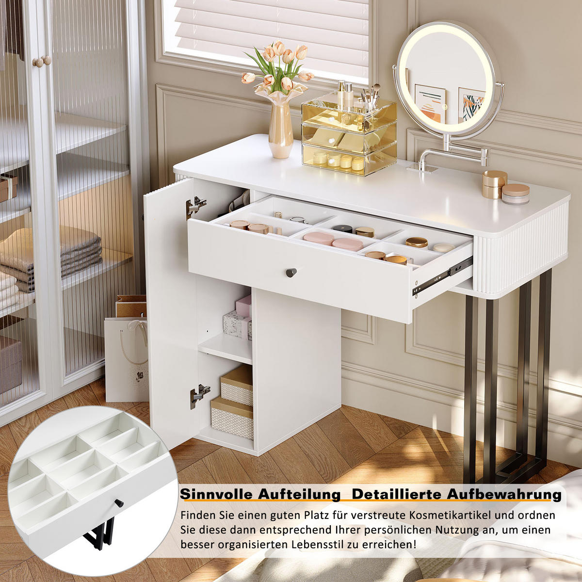 SCHMINKTISCH 40/100/116 cm Weiß mit LED-Beleuchtung Spiegel und Stauraum - Weiß, Holzwerkstoff (40/116/100cm) - OKWISH