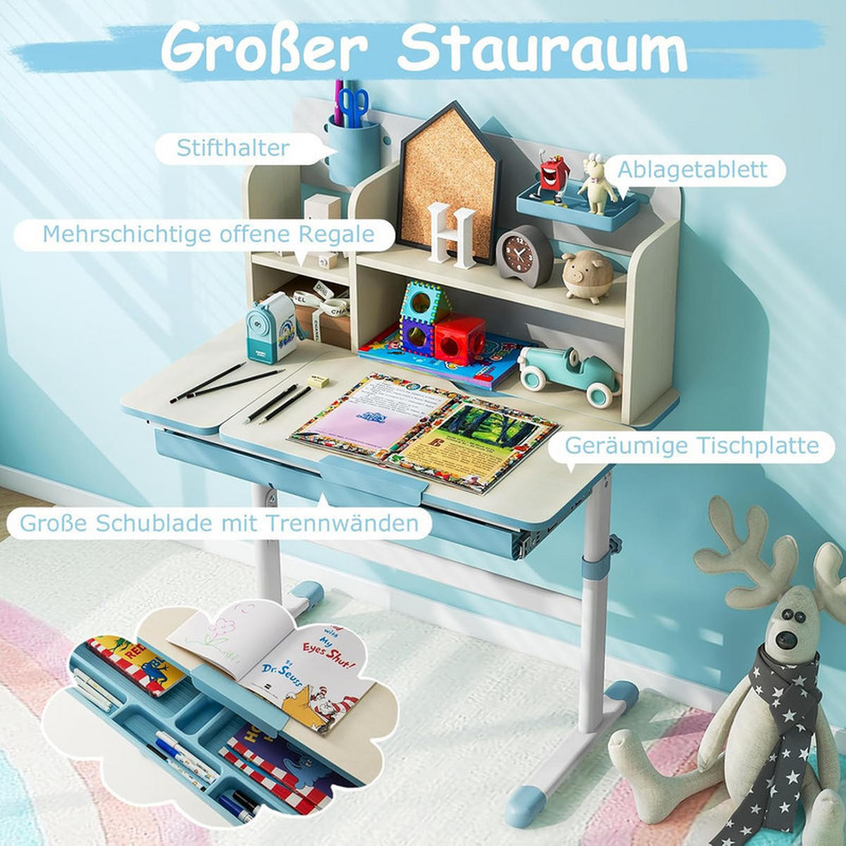 KINDERSCHREIBTISCH Höhenverstellbarer blau - Blau, Metall (80/88/51cm) - COSTWAY