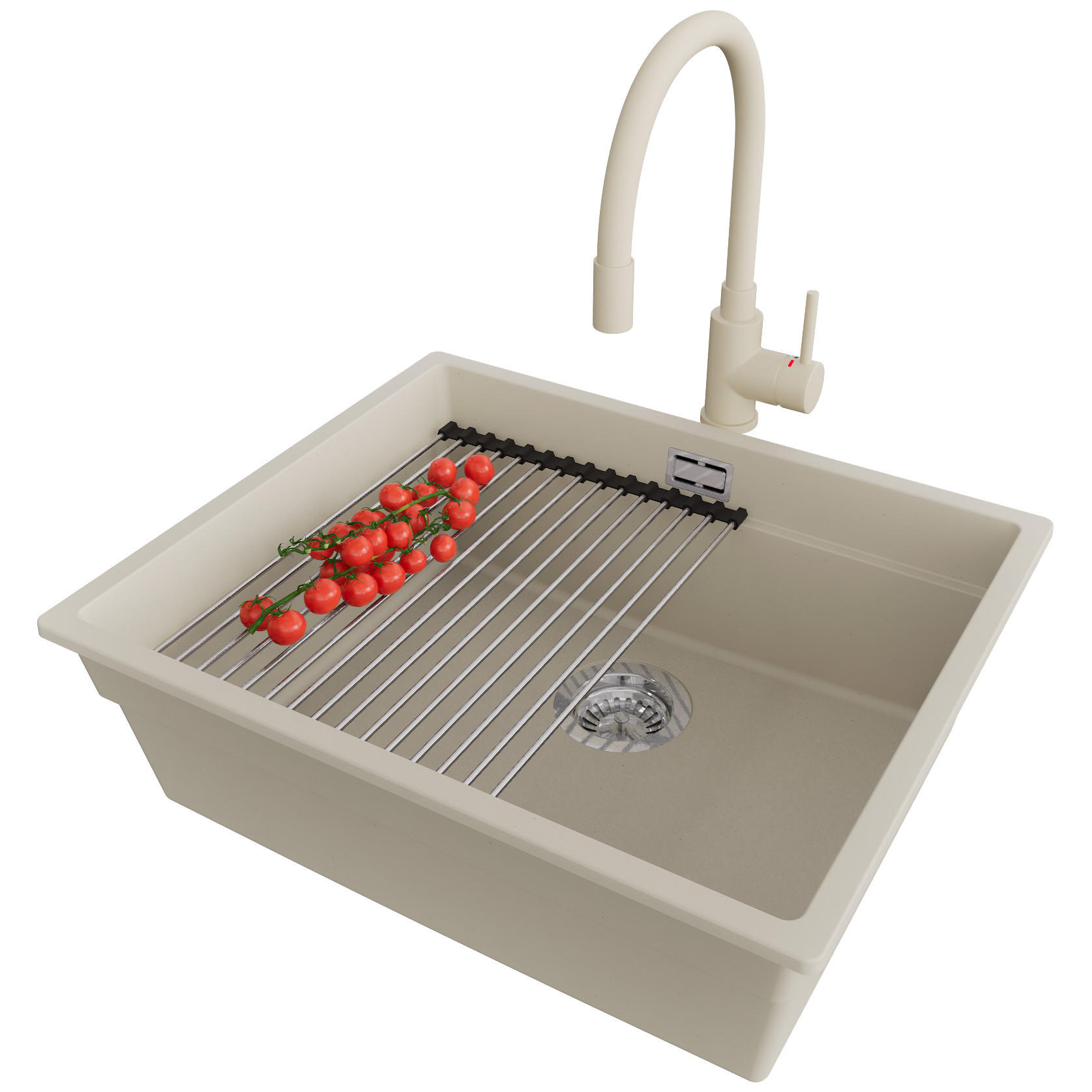 UNTERBAUSPÜLE GRANIT Praga, 2-er set Beige 56/47 cm 1 Becken + Küchenarmatur 38/14 cm + Ablauf-Set + Aufrollbare Abtropffläche ab 60er Unterschrank - Chromfarben/Beige, Kunststoff (56/20/47cm) - Primagran