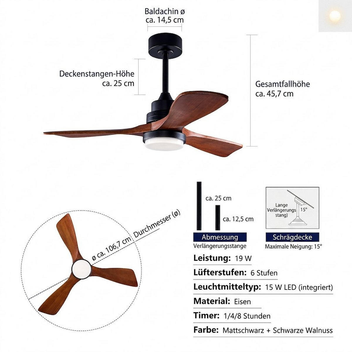 DECKENVENTILATOR & 3 Holzflügeln, 3-Stufen Dimmer, DC-Motor(35dB) - Schwarz, Holzwerkstoff (132/132/45.7cm) - BEXEVUE