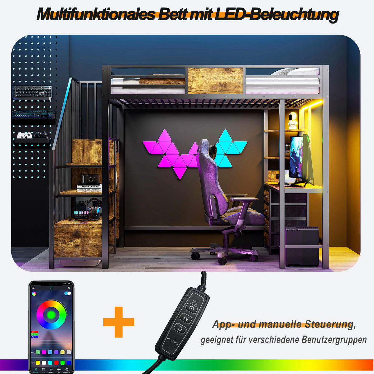 HOCHBETT 90/200 cm, Schwarz mit Schreibtisch, Ablagefächern, LED und Steckdose - Schwarz, Metall (90/200cm) - MIVRAY