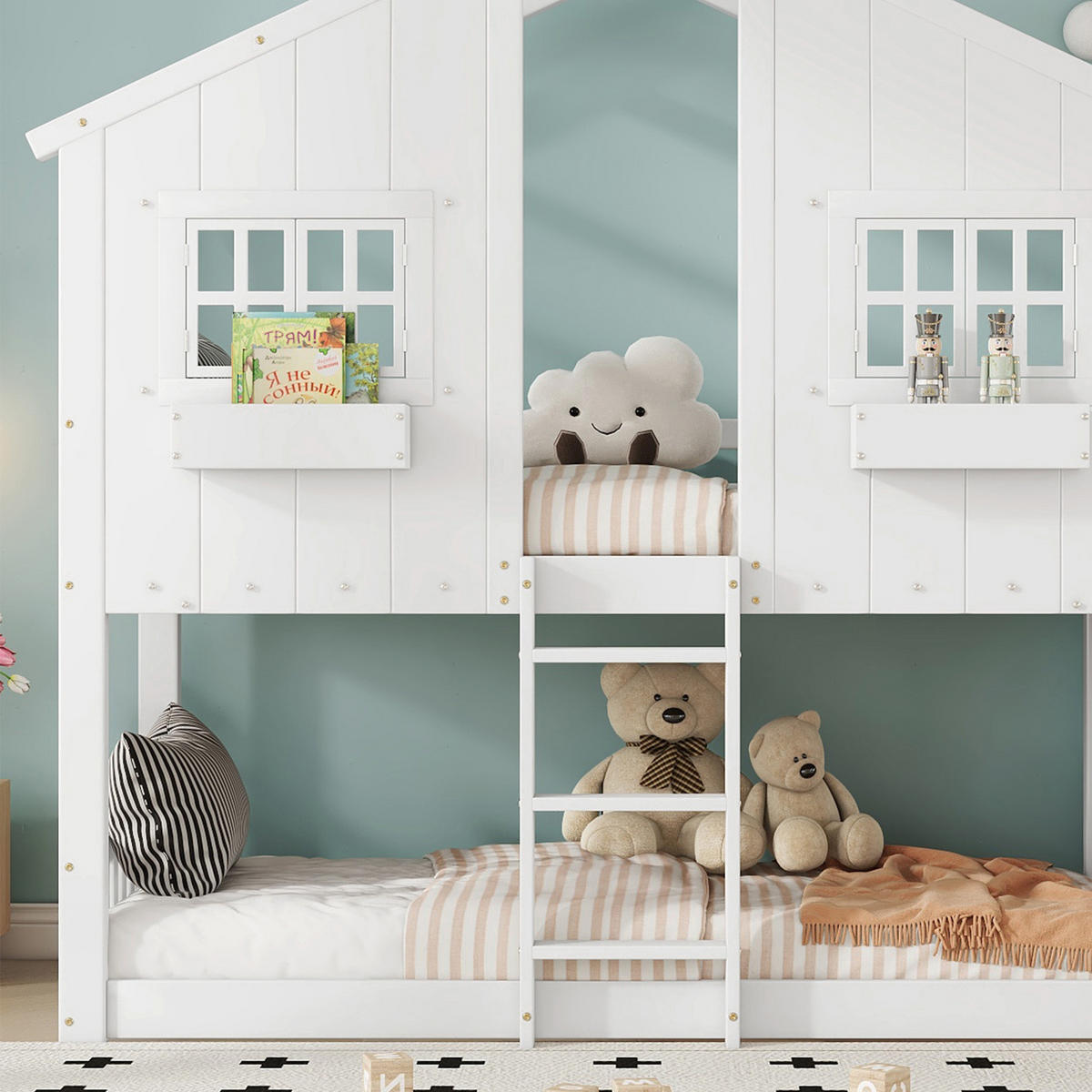 ETAGENBETT 90/200 cm in Weiß & Natur Kinderbett mit Rutsche, Dach, Fenstern und Fallschutz - Weiß, Holzwerkstoff (90/200cm) - STILVORA