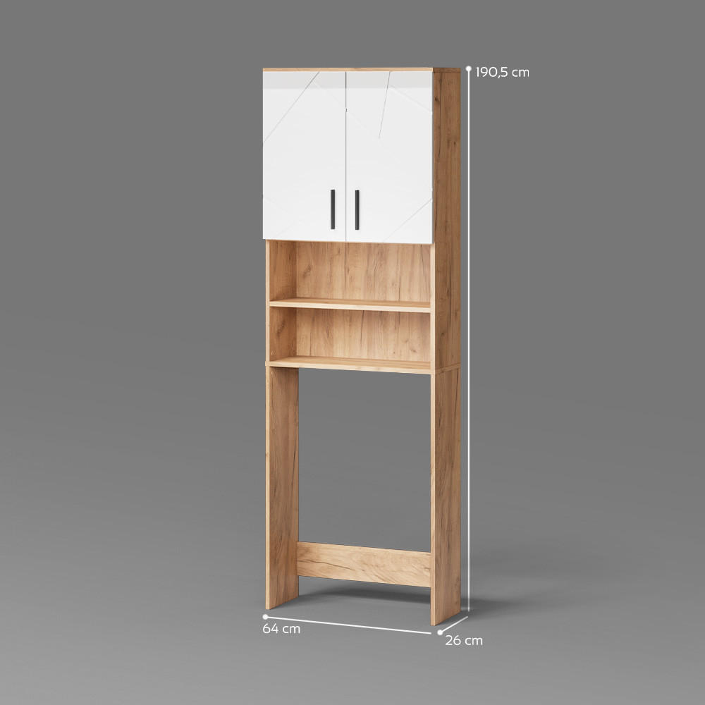 Thumbnail - Livinity® Waschmaschinenschrank, Weiß Hochglanz, Honigeiche, Holzwerkstoff, 4 Fächer, Rechteckig, 64x190.5x26 cm, Badezi...