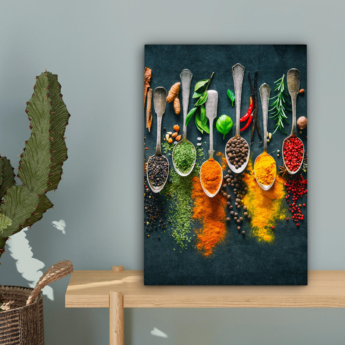 LEINWANDBILD Kräuter - Gewürze - Löffel Deko Wohnzimmer 20x30 cm - Currygelb, Textil (20/30cm) - MuchoWow