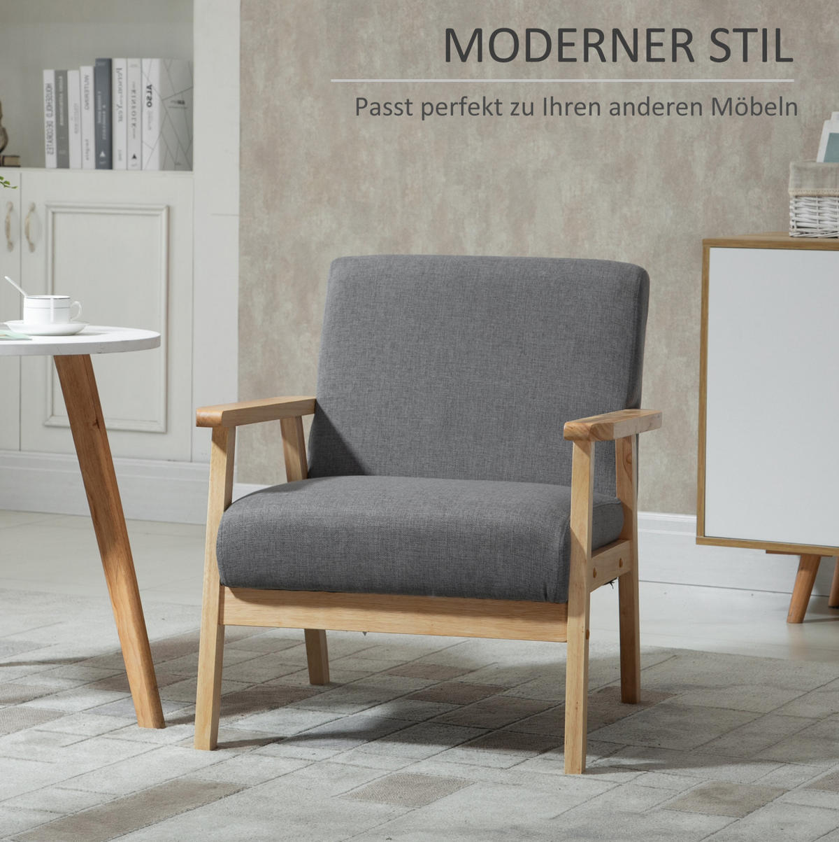 SESSEL 64/70/72 cm in Grau mit Leinenoptik und Holzgestell - Grau, Textil (70/72/64cm) - Flora Grace