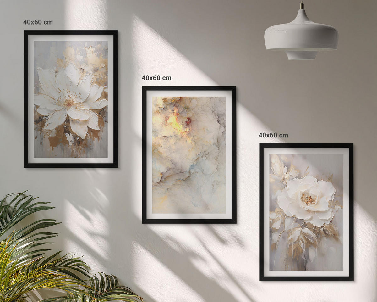 BILDER SET 3er Set - 40x60 cm Schwarzer Rahmen - Blumen heller abstrakter Hintergrund - Schwarz, Kunststoff (40/60cm) - TULUP