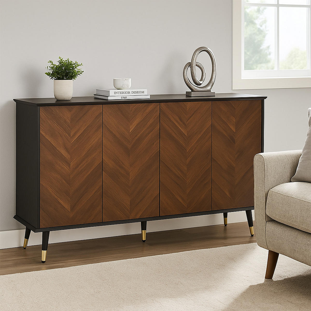 SIDEBOARD mit 3 Türen Walnussoptik und Goldene Akzente - Walnussfarben, Holzwerkstoff/Metall (140/80/40cm) - Urban Meuble