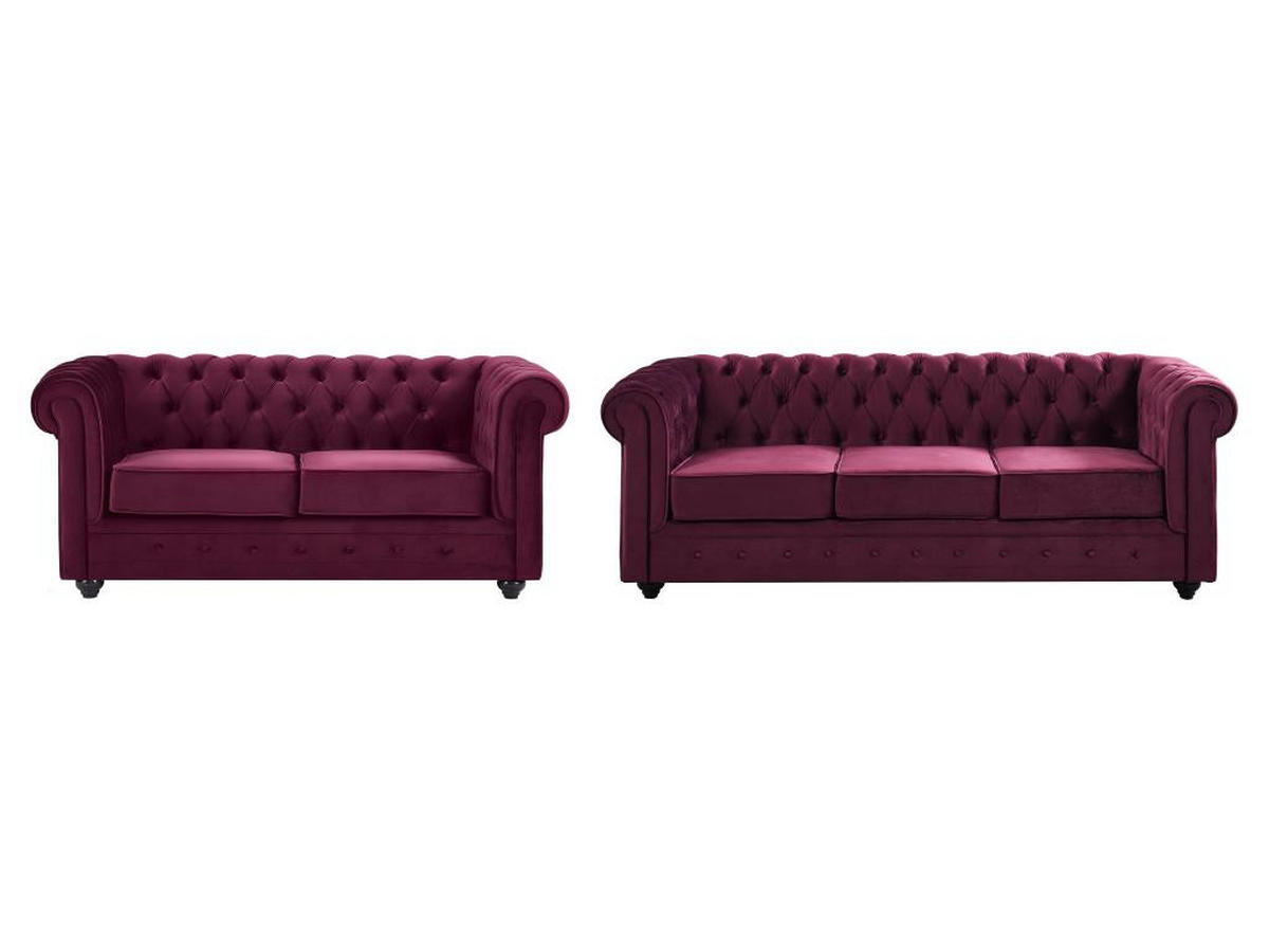 SOFAS 3-Sitzer & 2-Sitzer - Samt - Purpur - CHESTERFIELD - Bordeaux, Textil (88/72/205cm) - Vente-Unique