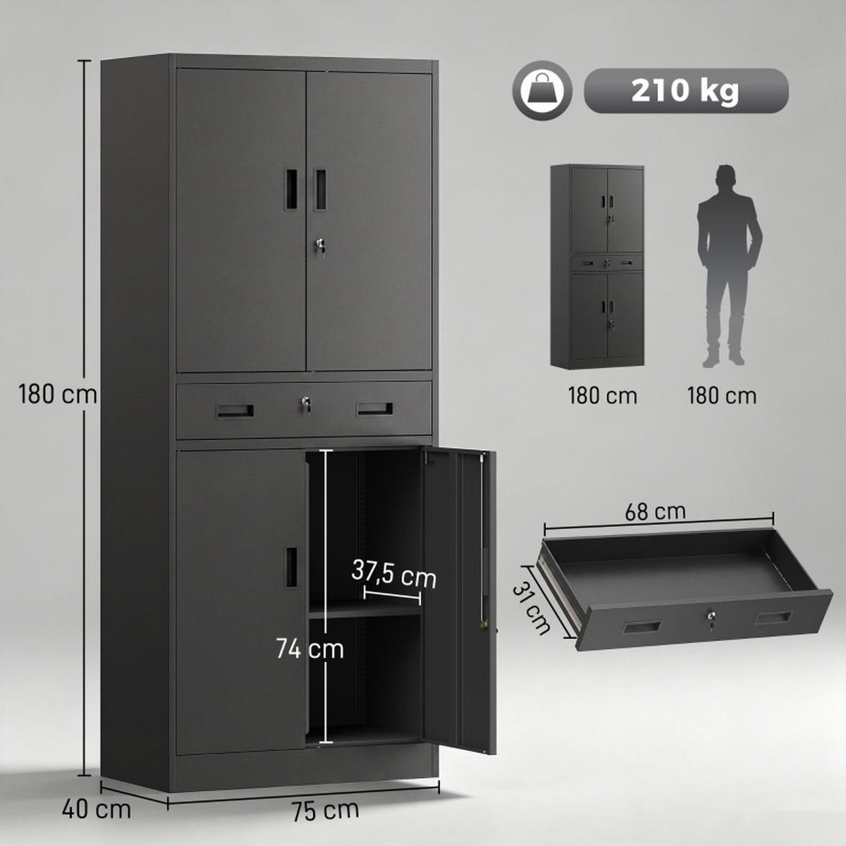KOMBINATIONSKOFFER – 180 cm – Schwarz - Schwarz, Metall (40/180/75cm) - DCA