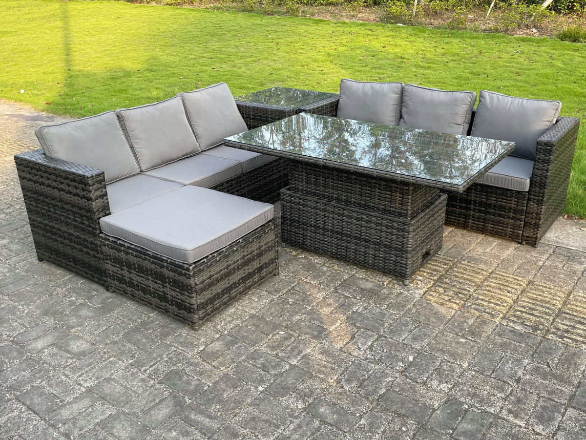 LOUNGESOFA Polyrattan 7-Sitzer - Dunkelgrau/Grau, Glas/Kunststoff - Fimous