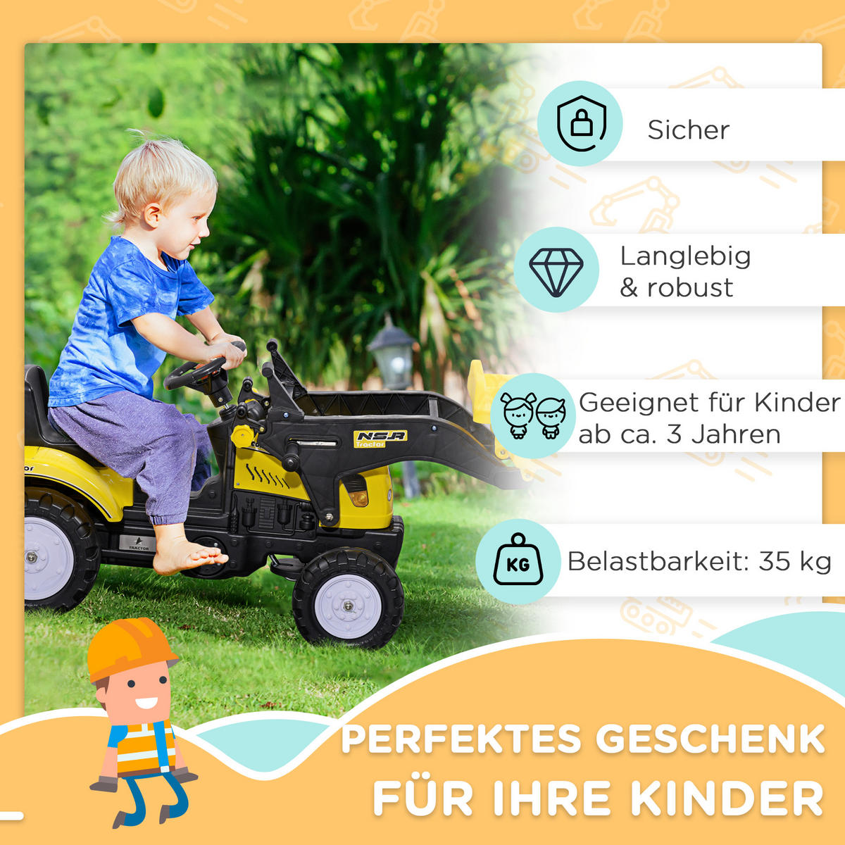KINDER RUTSCHAUTO, Schwarz+Gelb, Eisen+ Kunststoff - Schwarz, Metall (114/41/52cm) - HOMCOM