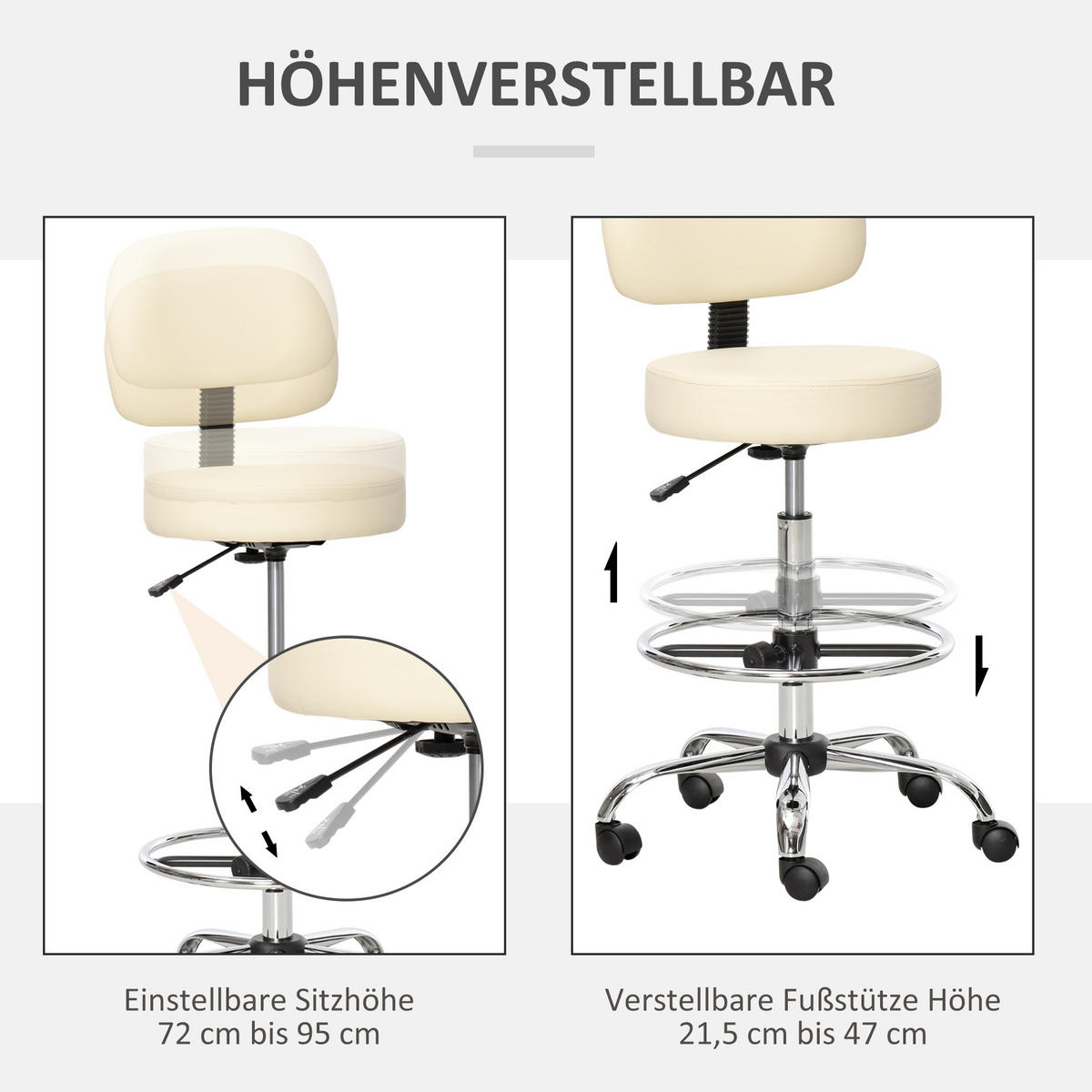 BARHOCKER Beige höhenverstellbar mit Rückenlehne und Rollen - Beige, Metall (57/104/56cm) - MIVRAY