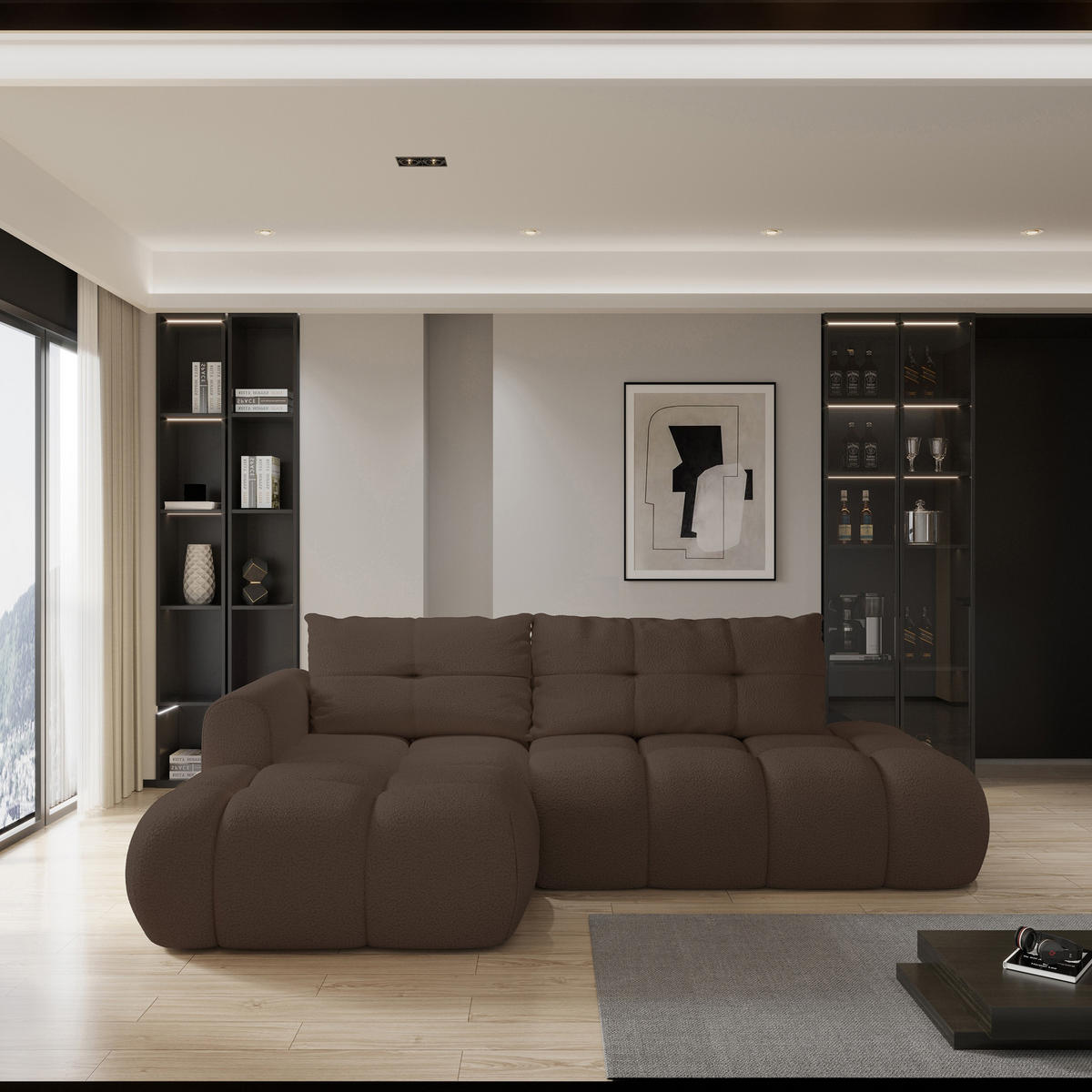 ROHOVÁ SEDAČKA FLUMA hnědá - černá/hnědá, dřevo/textil (279/158cm) - MASSENO