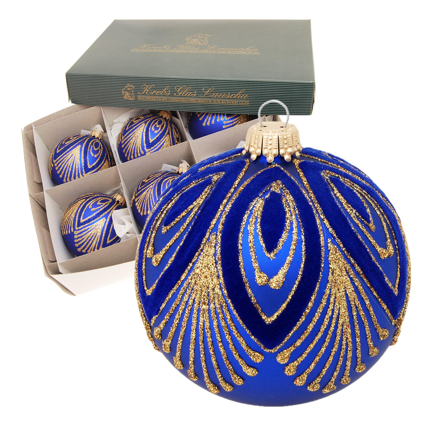 CHRISTBAUMKUGELN Designer-Pfau Blau 8cm (Glas / 6 Stk.) - Blau, Glas (8/8/8cm) - Krebs Glas Lauscha