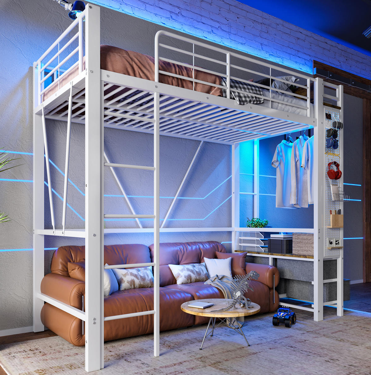 HOCHBETT 90/200 cm Eisenrahmen mit 4 Schubladen und USB-Anschluss mit Matratze - Weiß, Metall (90/200cm) - OKWISH