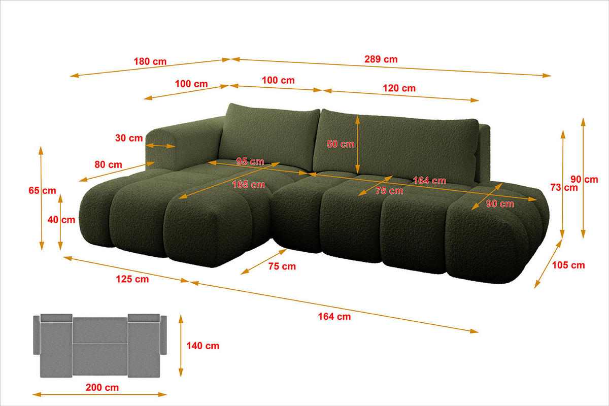 ECKSOFA Ottomane Links CLOUD-L 289x180x40 Grün Bouclé - Grün, Holzwerkstoff/Kunststoff (180/289cm) - ALTDECOR