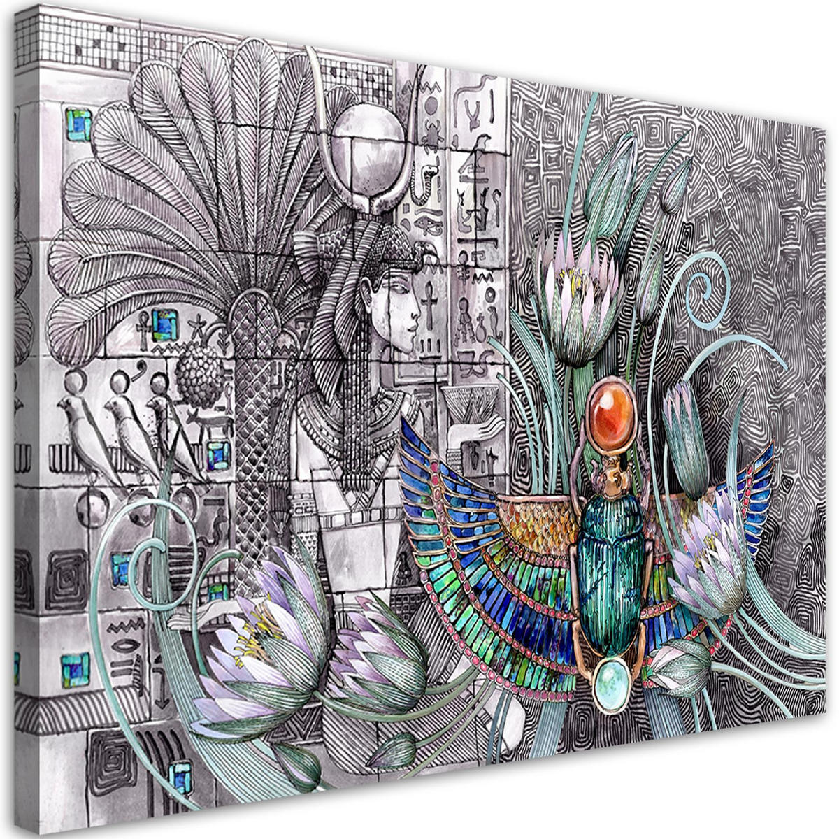 WANDBILD ägyptische hieroglyphen und skarablen - Silberfarben, Textil (60/40cm) - Feeby