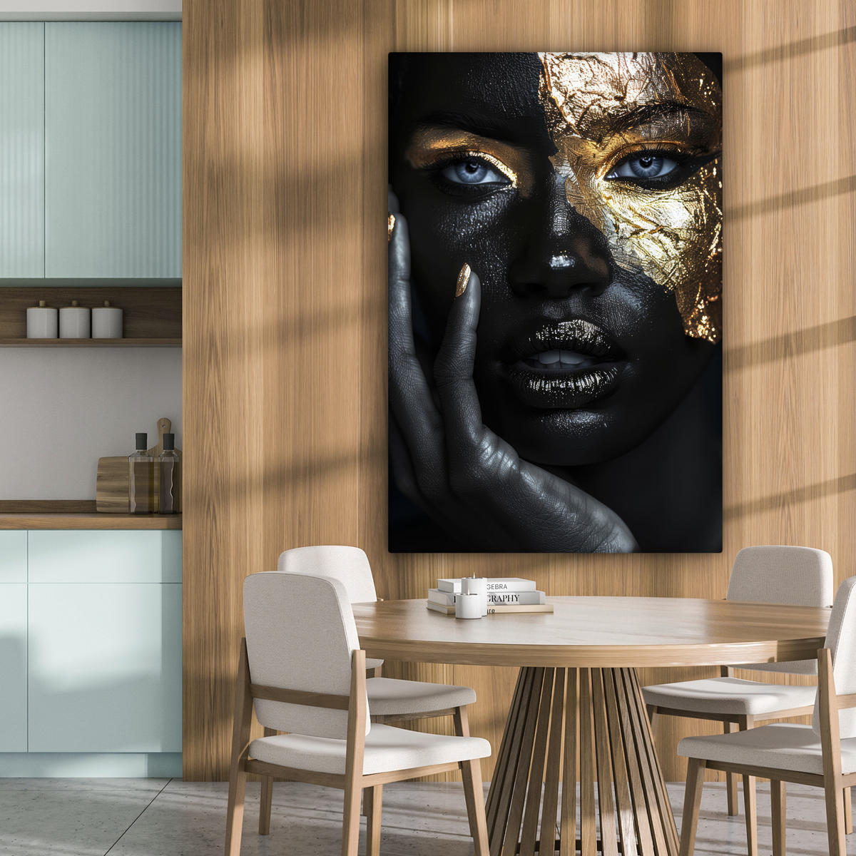 LEINWANDBILD Frau - Gold - Porträt - Schwarz-Weiß - Luxus 80x120 cm - Hellblau, Textil (80/120cm) - MuchoWow