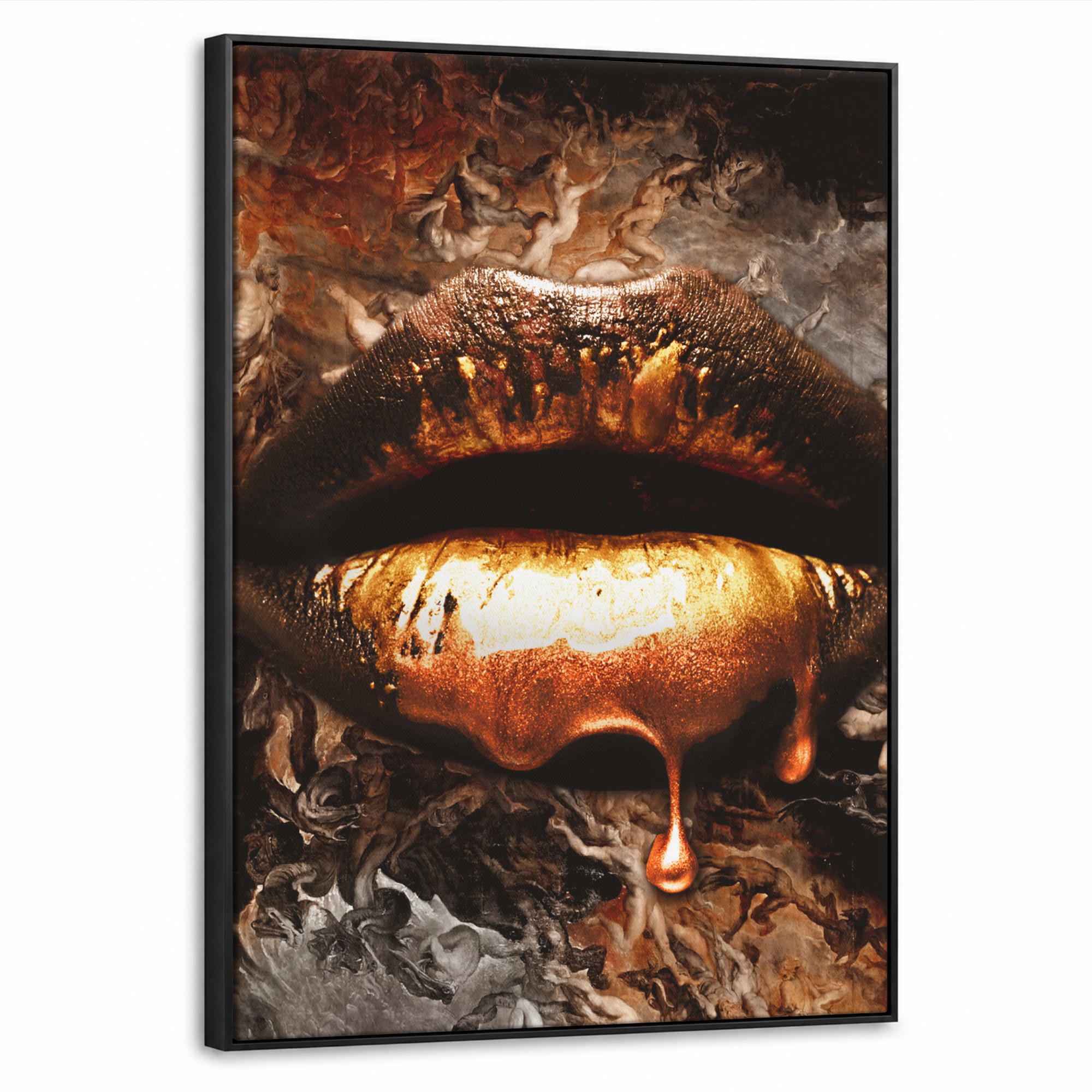 LEINWAND Bilder mit Rahmen - Gold - Lippen - Kunst - Gold - Luxus - Abstrakt - 60x80 - Kupferfarben, Textil (60/80cm) - MuchoWow
