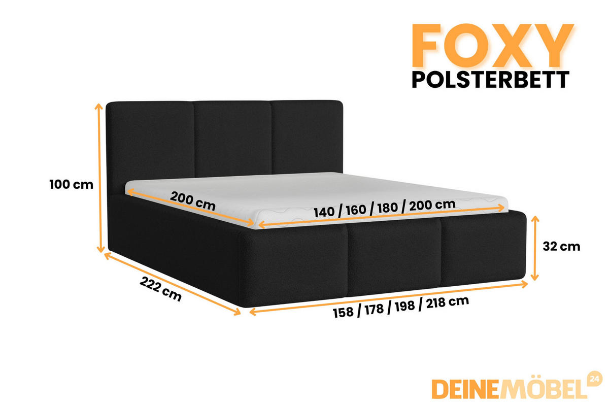 POLSTERBETT FOXY 180/200 in Boucle Schwarz - Schwarz, Holz/Holzwerkstoff (180/200cm) - Deine Möbel 24