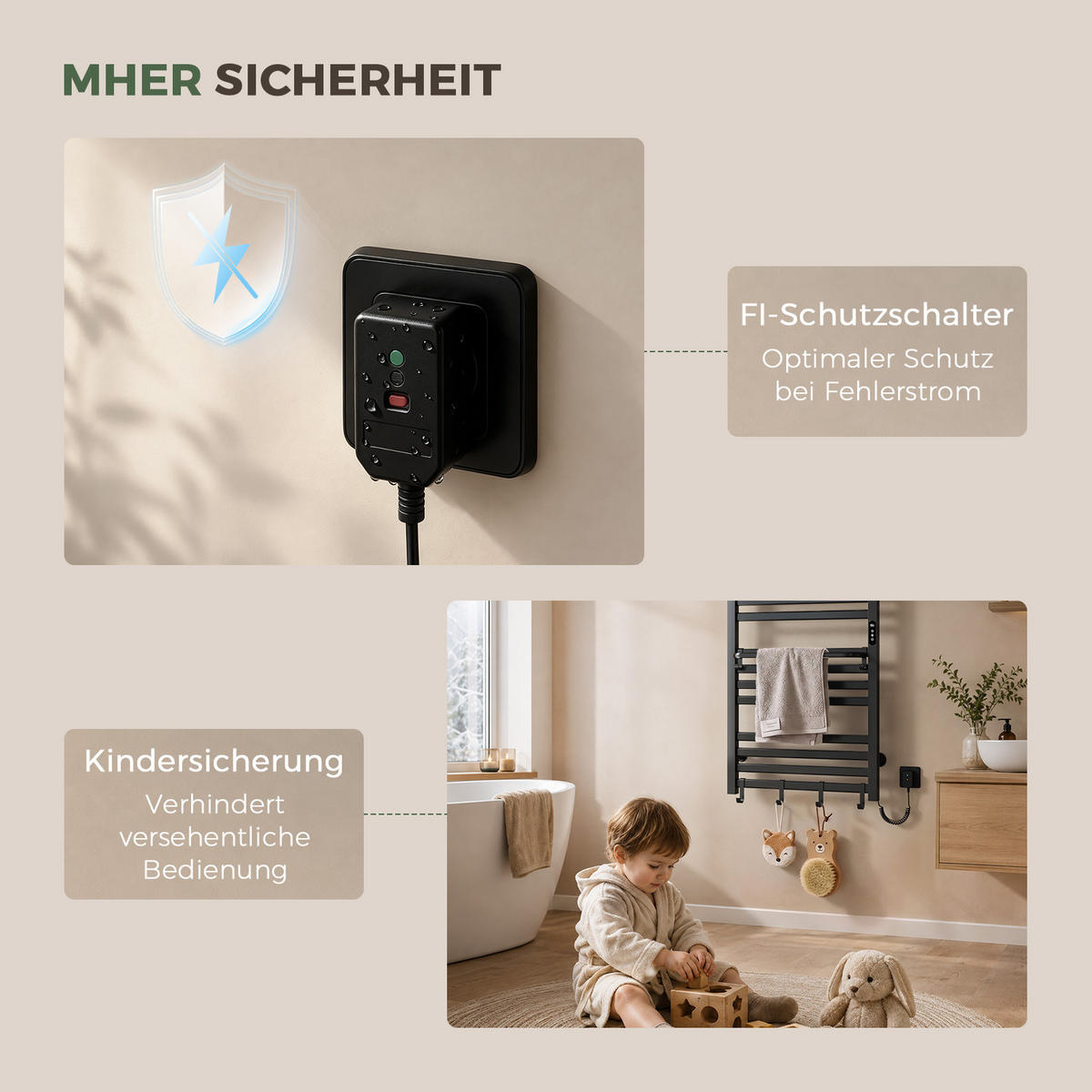 HANDTUCHHEIZKÖRPER 45/60 cm Schwarz elektrisch 155 W mit WLAN, Ablage und 6 Haken - Schwarz, Metall (60/45/20cm) - S'AFIELINA