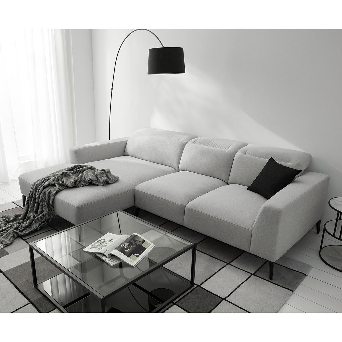 ECKSOFA mit Longchair - Hellgrau/Schwarz, Textil/Metall (265/180cm) - home24