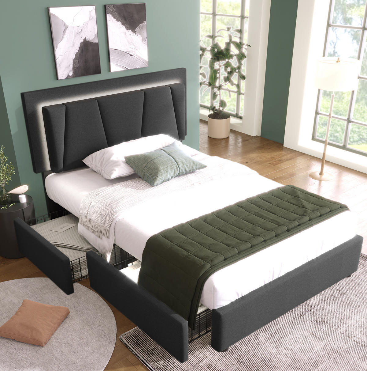 POLSTERBETT 90/200 cm Grau aus Holz mit LED-Beleuchtung - Grau, Holz (90/200cm) - OKMYHOME