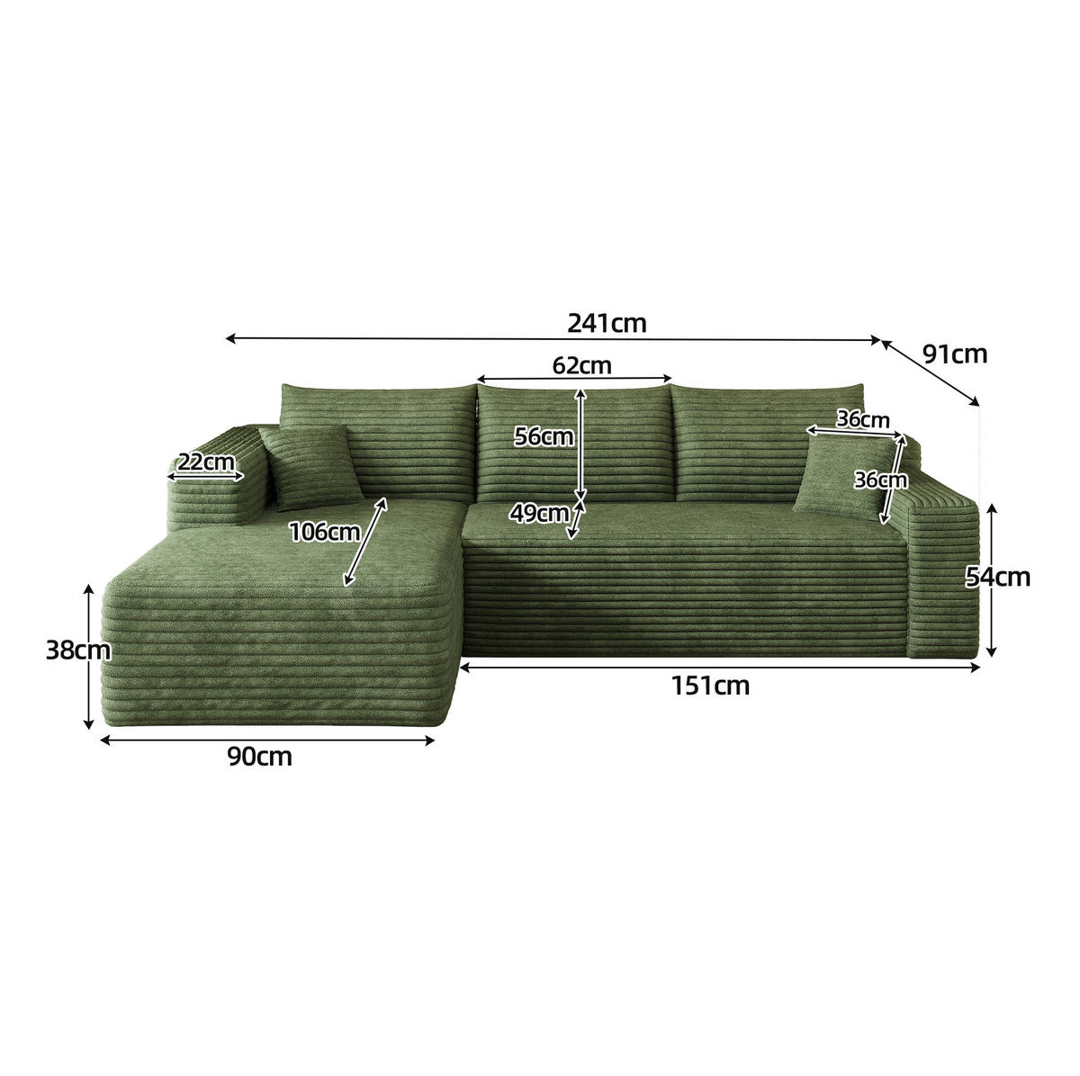 ECKSOFA 241/151/58 cm grün aus Stoff ohne Montage - Grün, Textil (151/241cm) - OKWISH