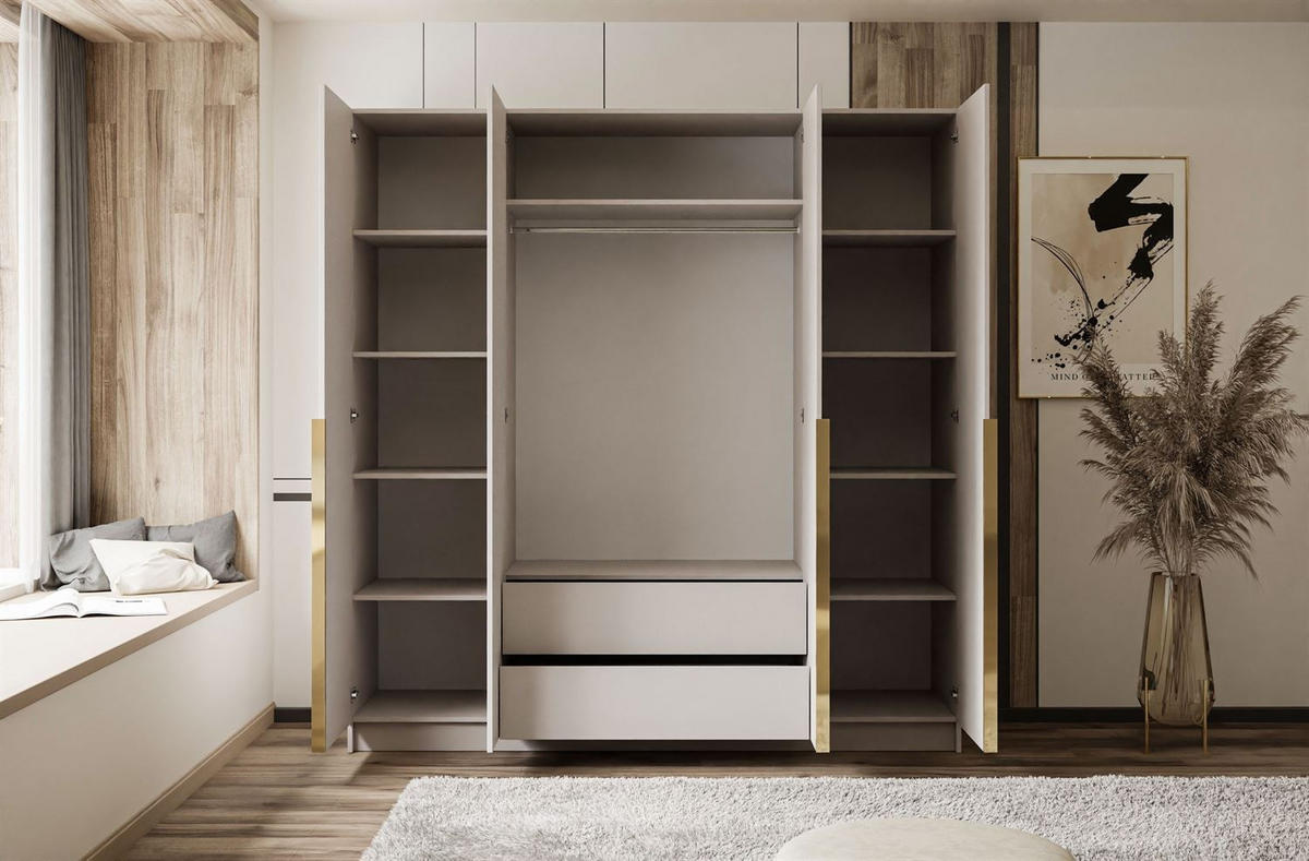 KLEIDERSCHRANK AUREL 4D in KASCHMIR mit goldenen Griffen - Kaschmir/Goldfarben, Holzwerkstoff (200/200/57cm) - Lookway